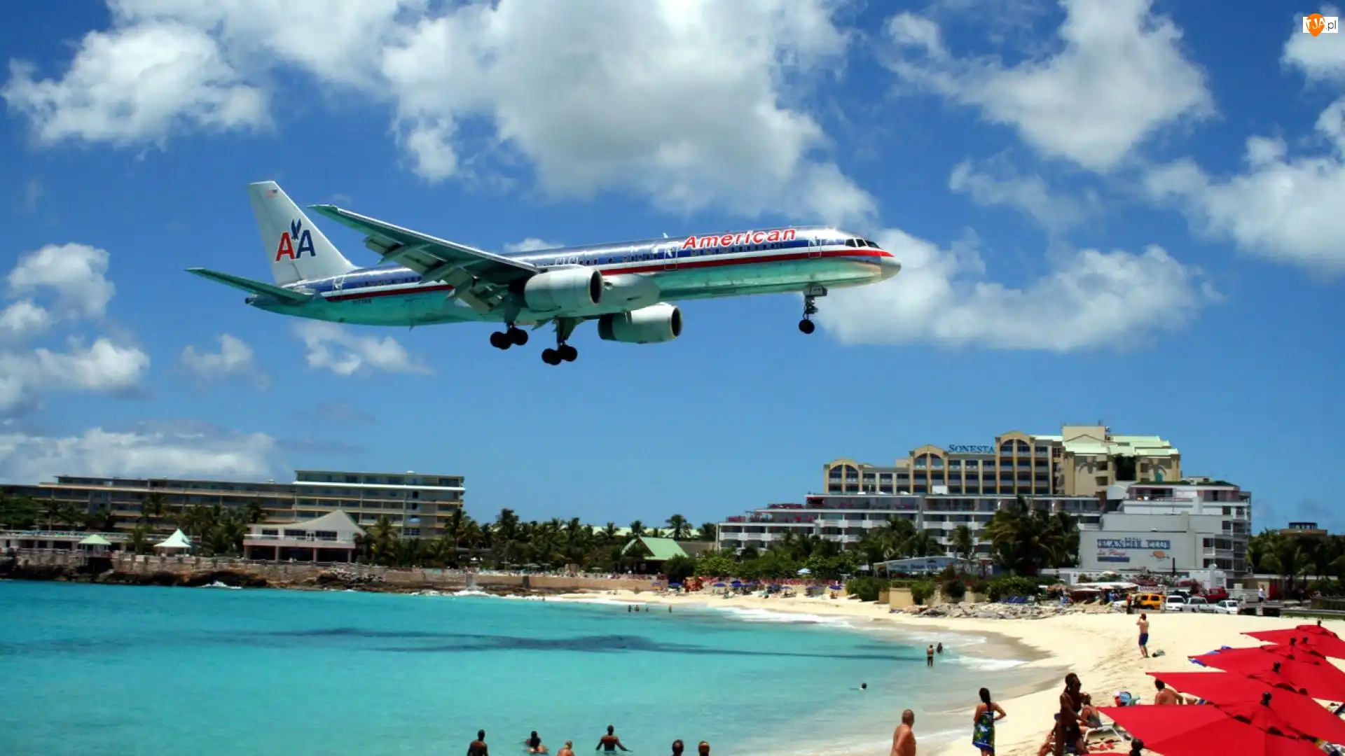Lądujący, Samolot, Hotel, St Maarten, Morze, Plaża, Ludzie