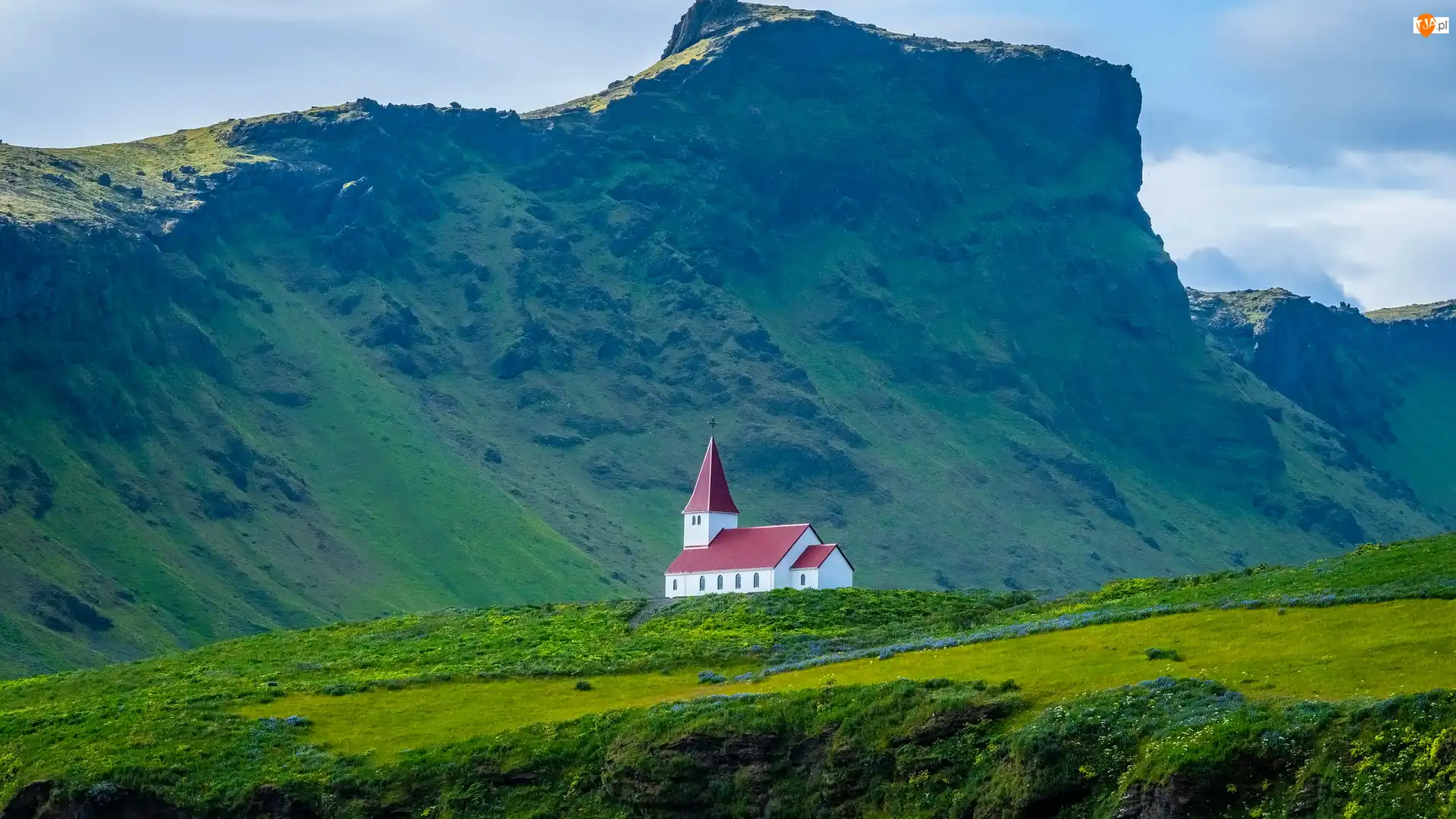 Trawa, Góry, Kościół, Islandia, Kwiaty, Vik i Myrdal