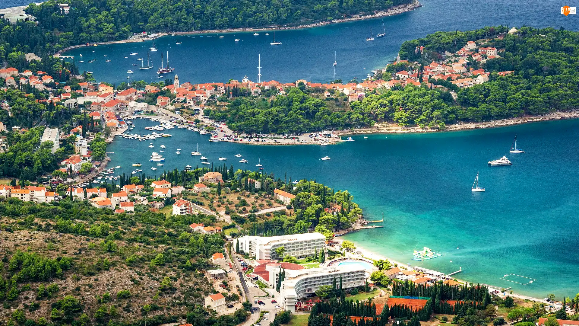 Chorwacja, Domy, Cavtat, Morze, Zatoki, Przystań, Motorówki, Remisens Hotel Albatros, Żaglówki