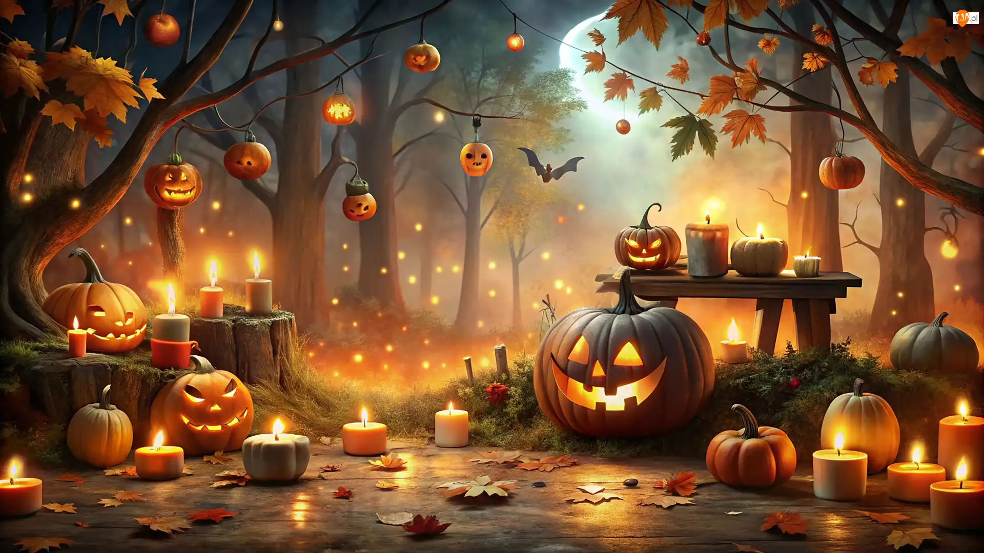 Świece, Grafika, Księżyc, Liście, Halloween, Dynie, Nietoperz, Drzewa