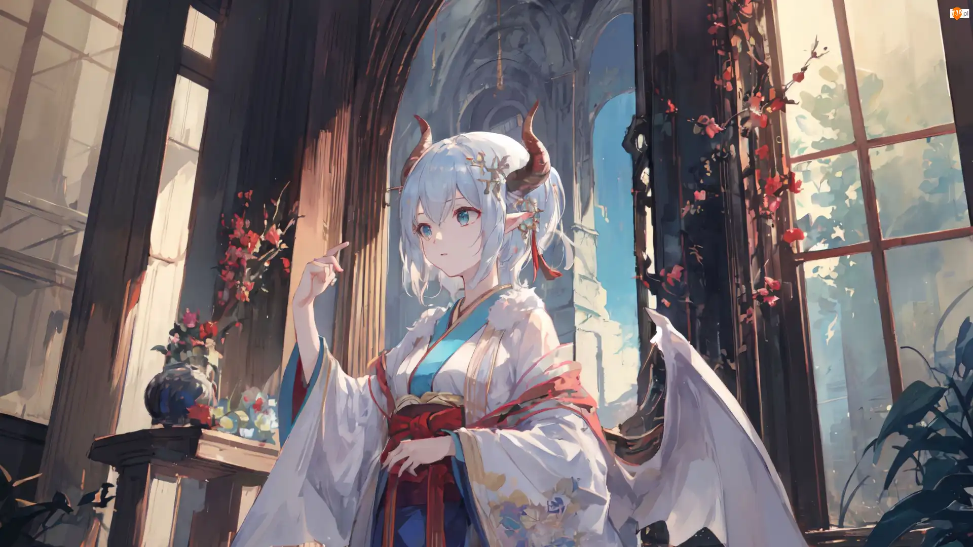 Skrzydła, Anime, Rogi, Dziewczyna, Kimono