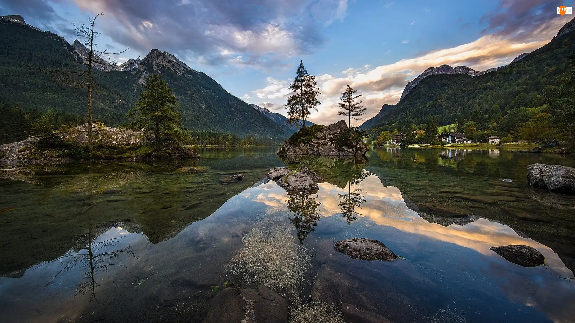 Gmina Berchtesgaden, Góry Alpy, Drzewa, Bawaria, Jezioro Hintersee, Chmury, Niemcy, Skały
