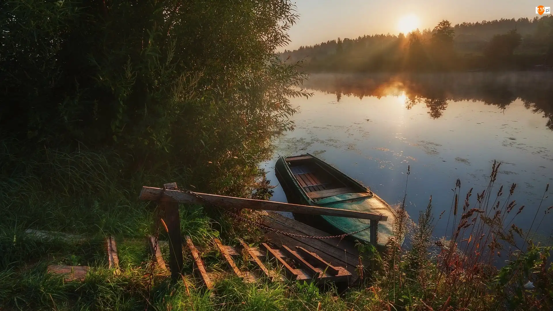 Rzeka, Promienie słońca, Pomost, Rośliny, Łódka, Drzewa