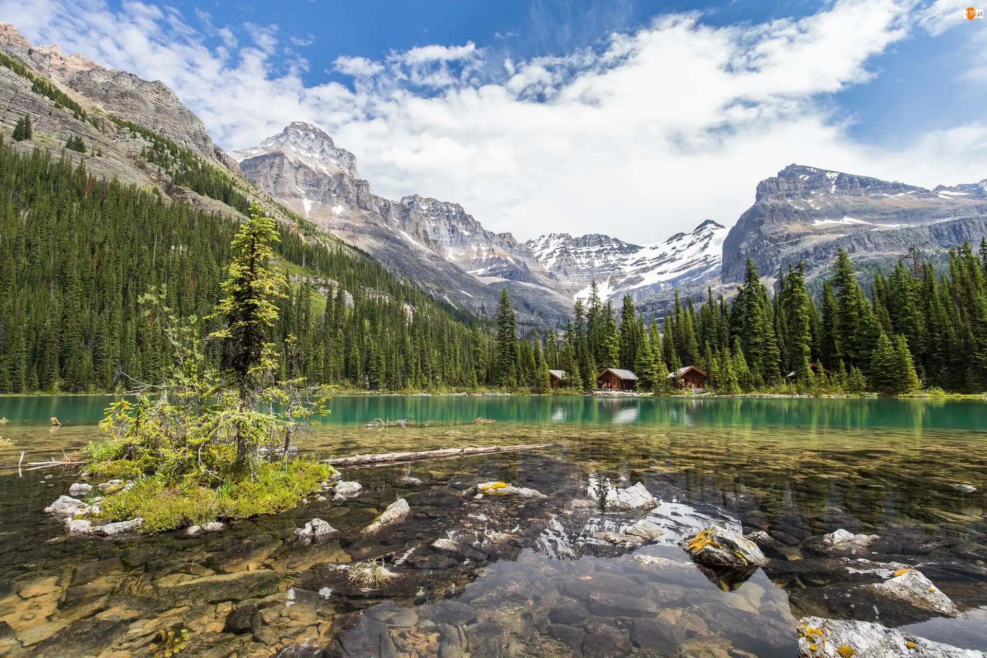 Kamienie, Kanada, Park Narodowy Yoho, Świerki, Kolumbia Brytyjska, Jezioro Lake O’Hara, Domki, Góry Canadian Rockies
