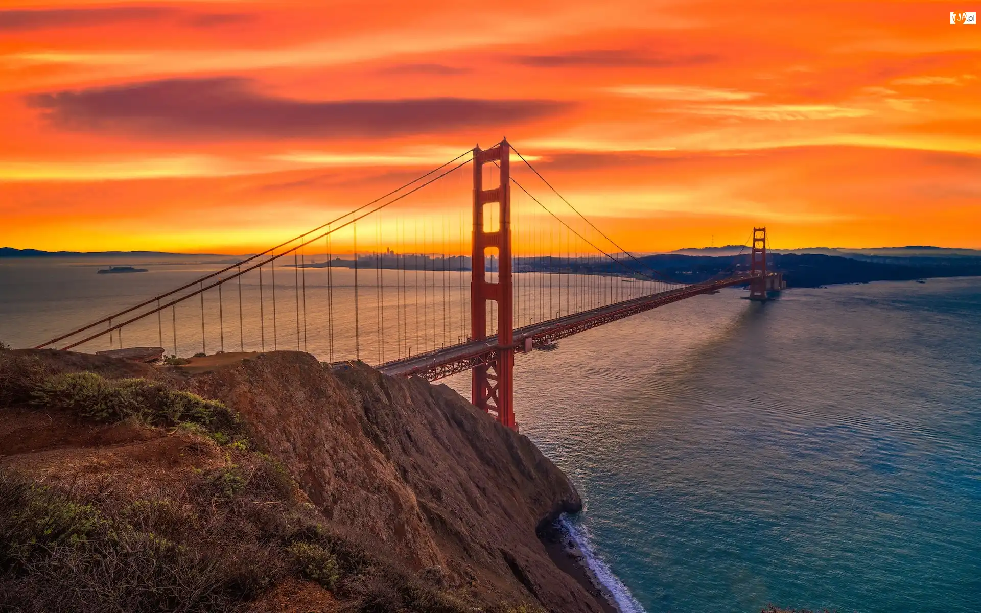 Stan Kalifornia, Stany Zjednoczone, Cieśnina Golden Gate, San Francisco, Most Golden Gate Bridge, Zachód słońca
