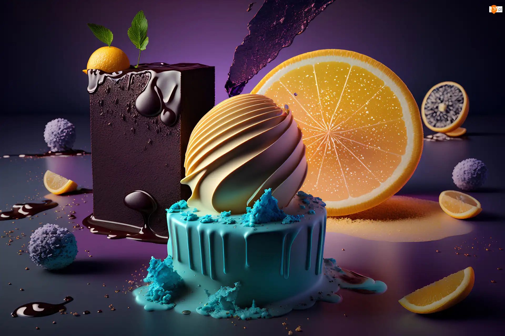 Lody, Ciasto, Grafika, Tort, Owoce, Pomarańcza, Czekoladowe