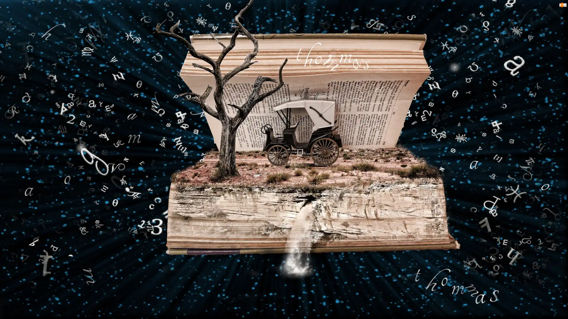 Kareta, Książka, Wodospad, Fantasy, Drzewo, Litery