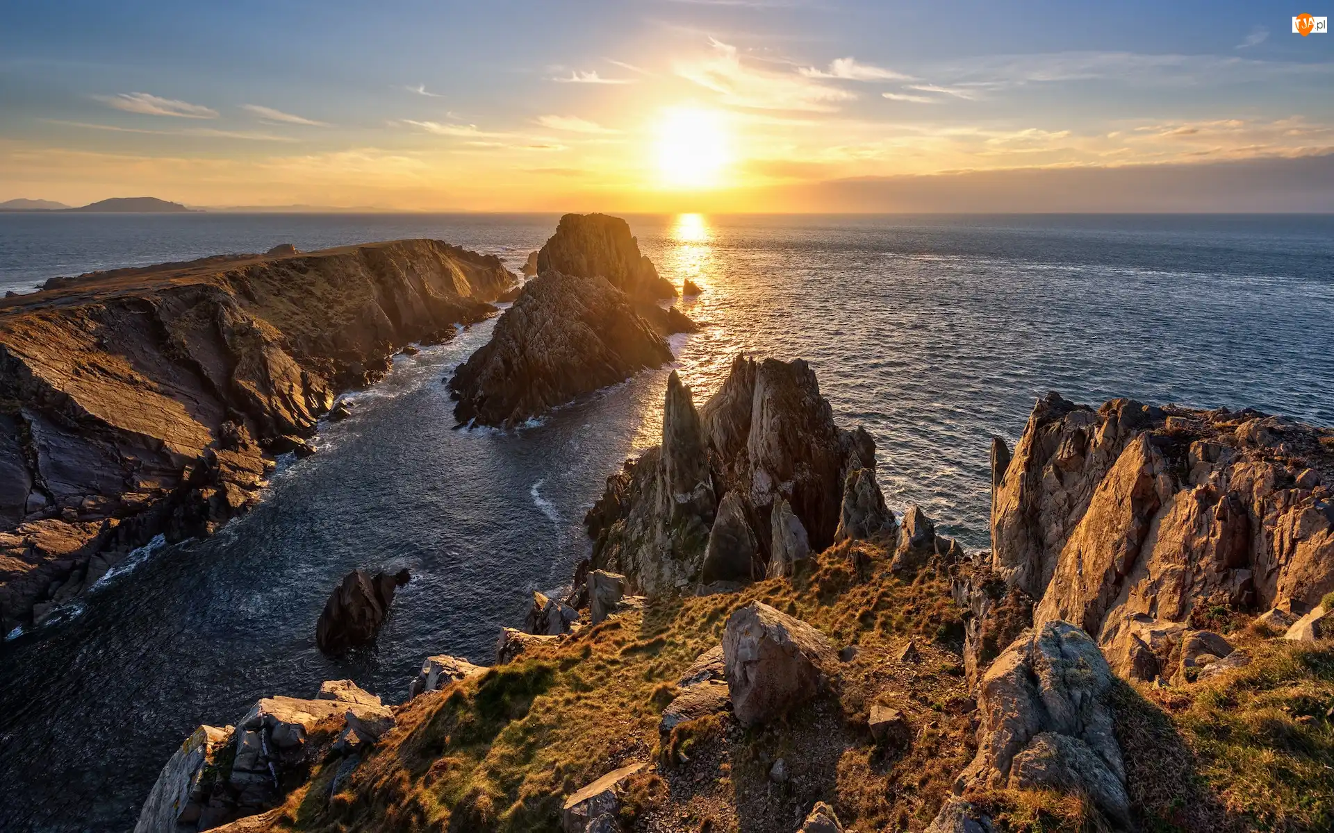 Hrabstwo Donegal, Irlandia, Skały, Przylądek Malin Head, Morze, Zachód słońca