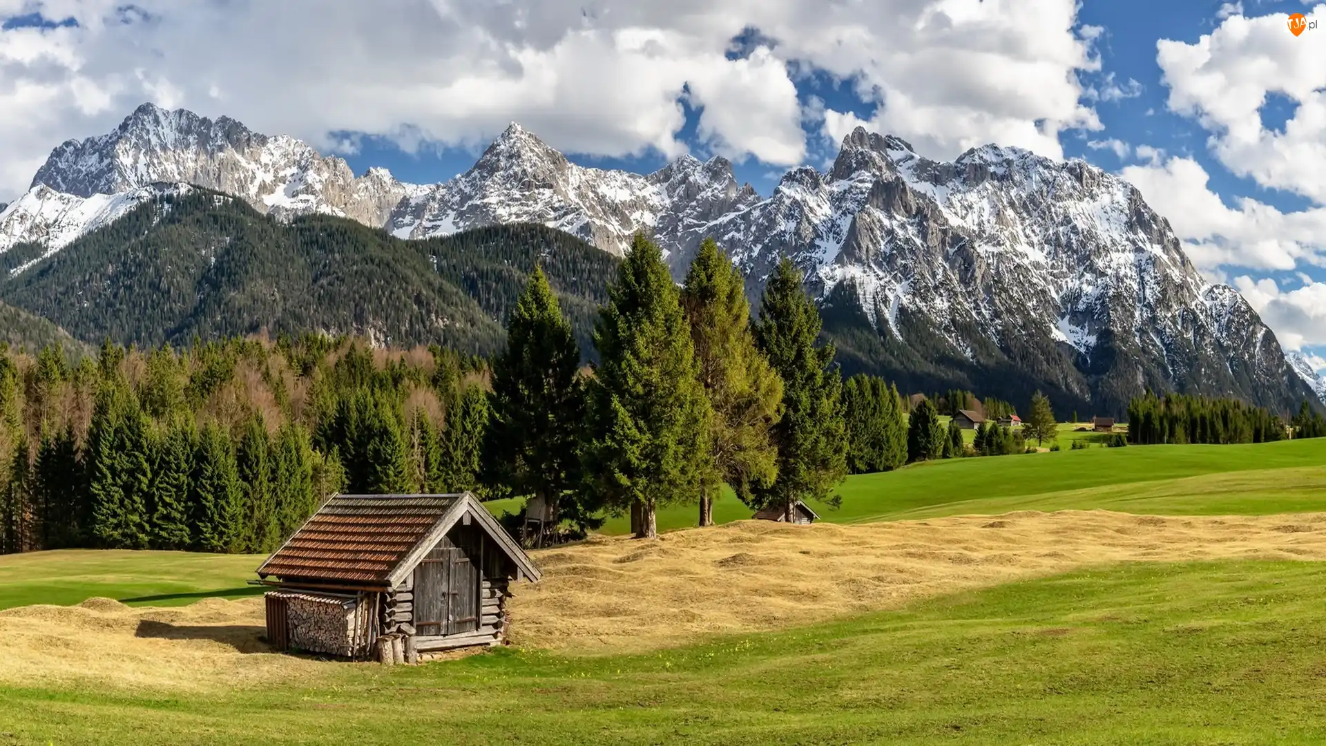 Drewniany, Niemcy, Las, Domek, Bawaria, Drzewa, Chmury, Góry Karwendel