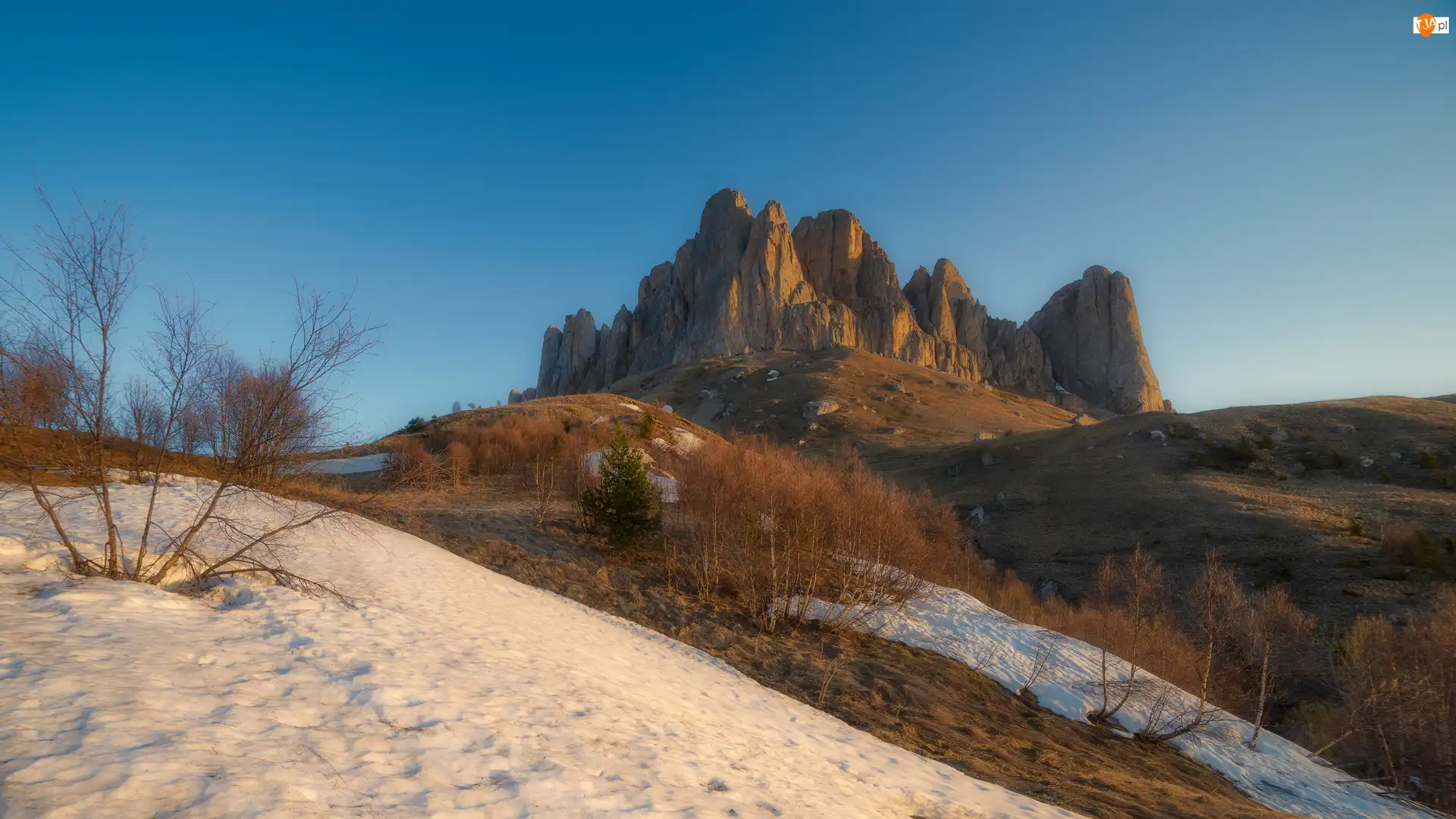 Śnieg, Skały, Góry, Drzewa