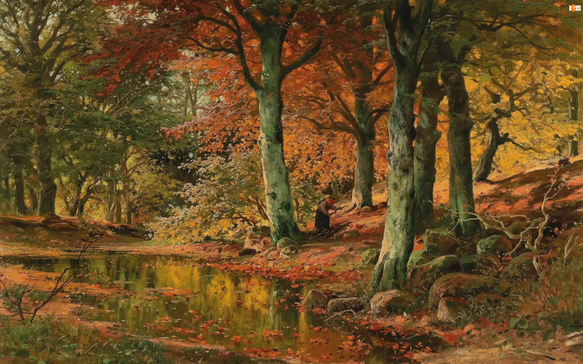 Alois Arnegger, Kobieta, Malarstwo, Kamienie, Las, Jesień, Liście, Drzewa, Rzeka, Obraz