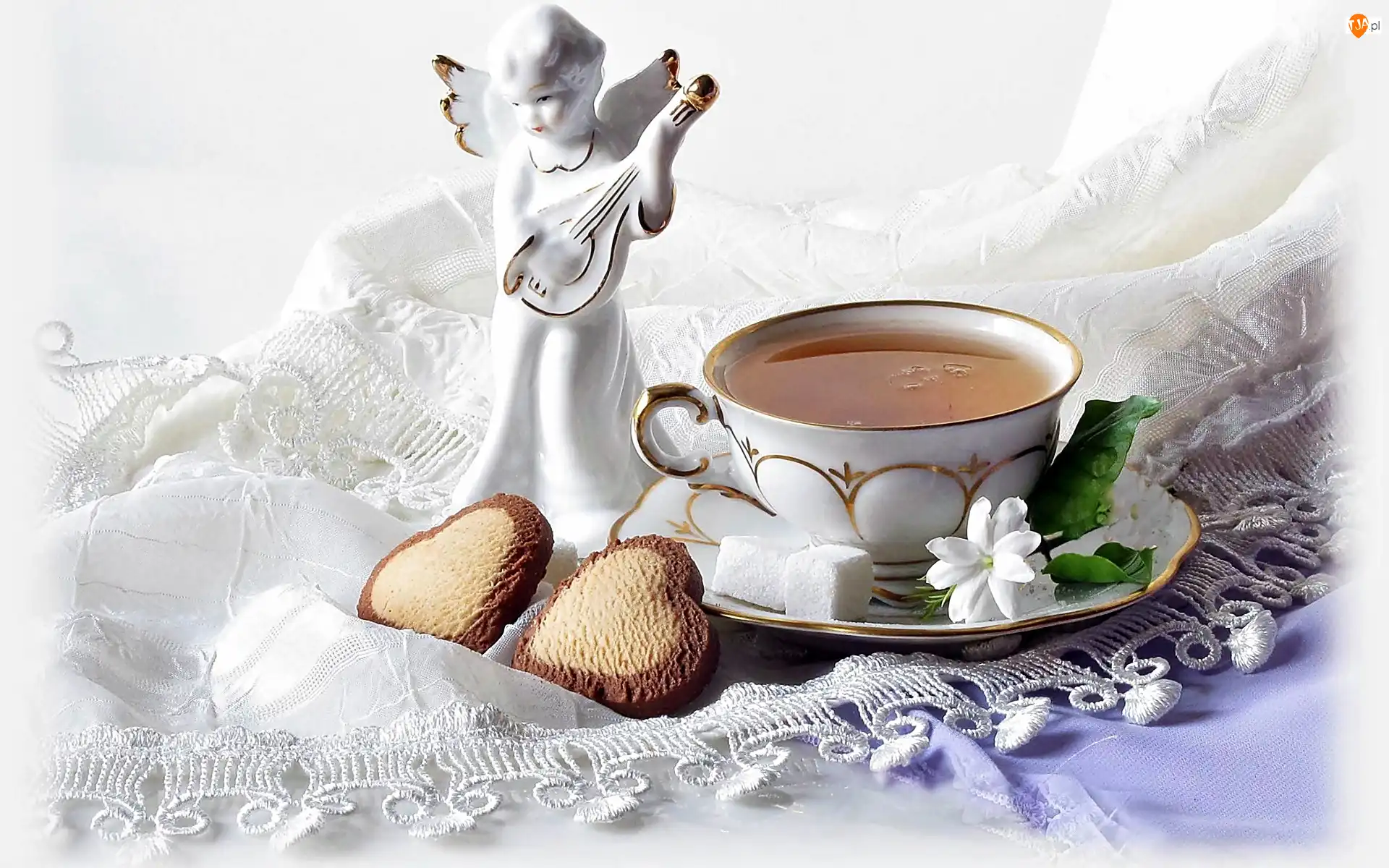 Ciasteczka, Herbata, Porcelana, Aniołka, Kwiatek, Figurka