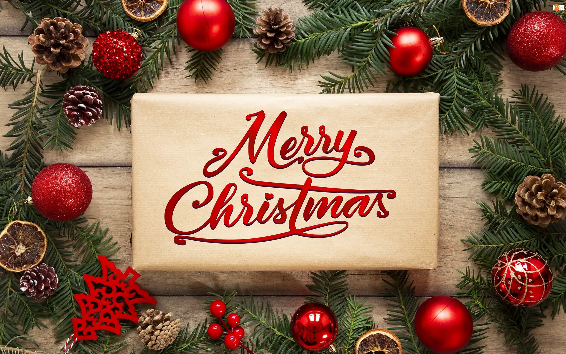 Merry Christmas, Kompozycja, Napis, Szyszki, Prezent, Boże Narodzenie, Gałązki, Świąteczna, Bombki