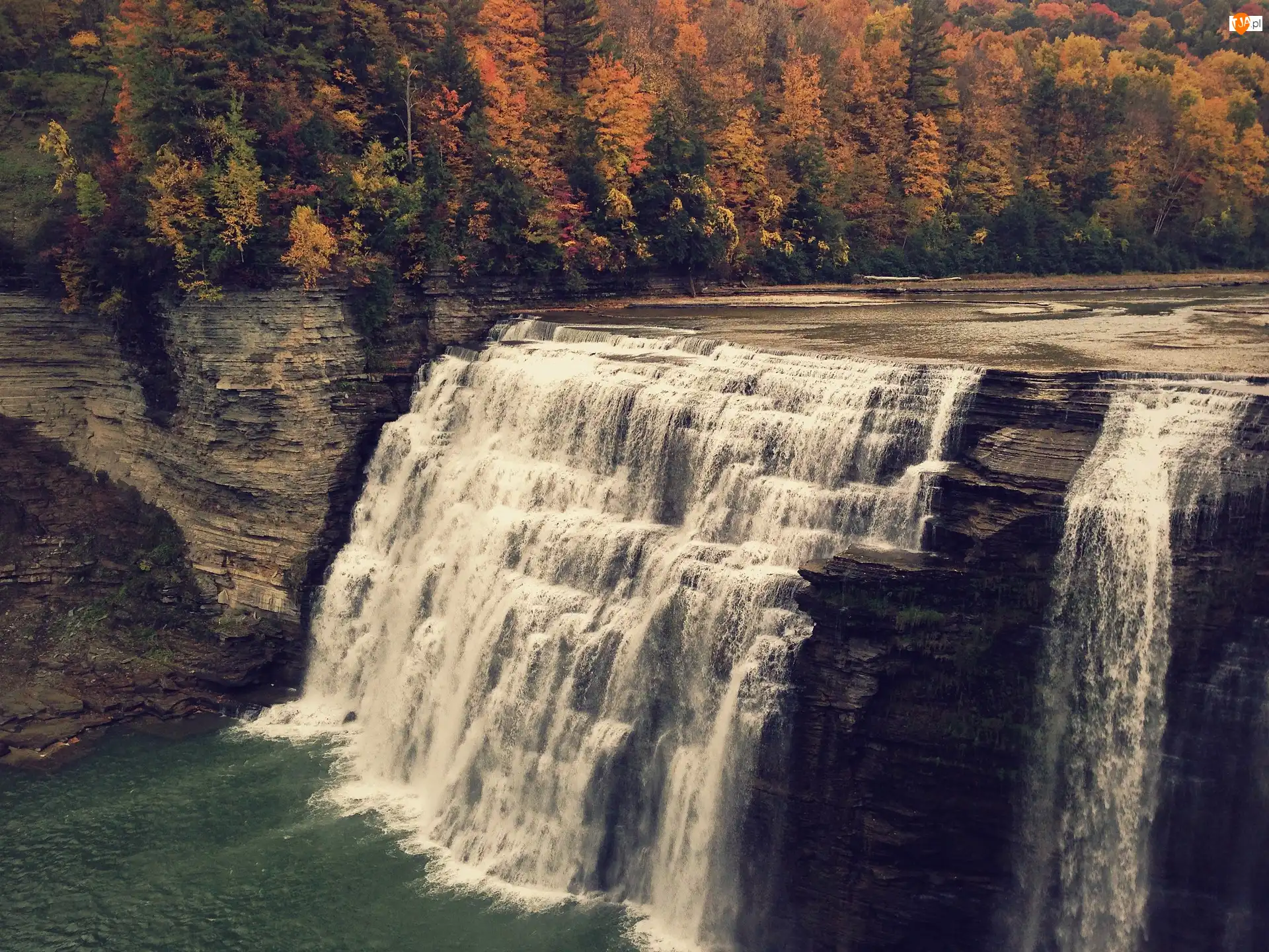 Letchworth State Park, Wodospad, Las, Nowy Jork, Middle Falls, Drzewa, Stany Zjednoczone, Jesień