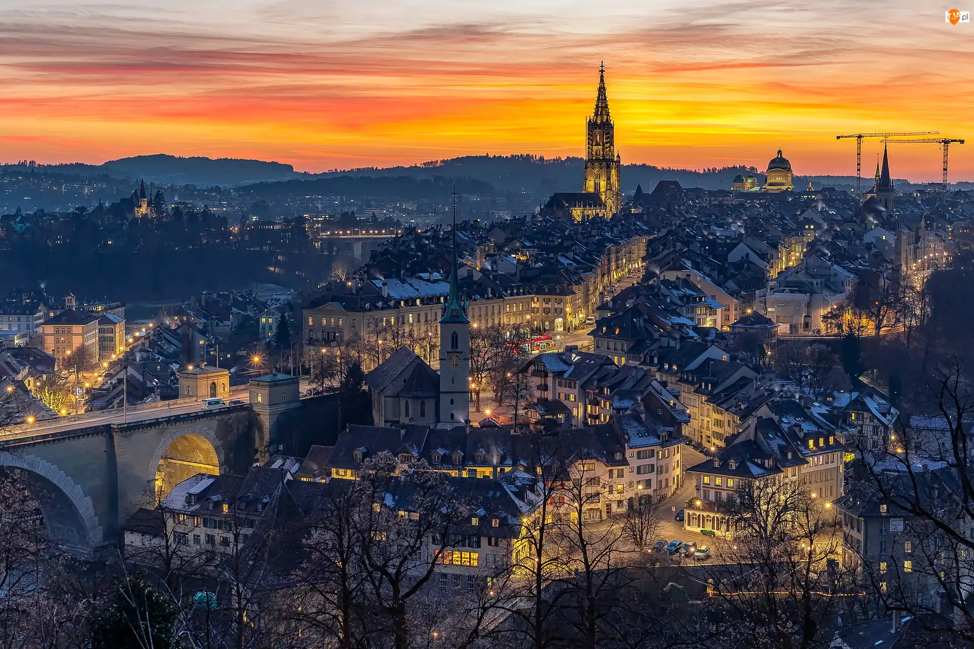 Domy, Szwajcaria, Wieczór, Berno, Kościół