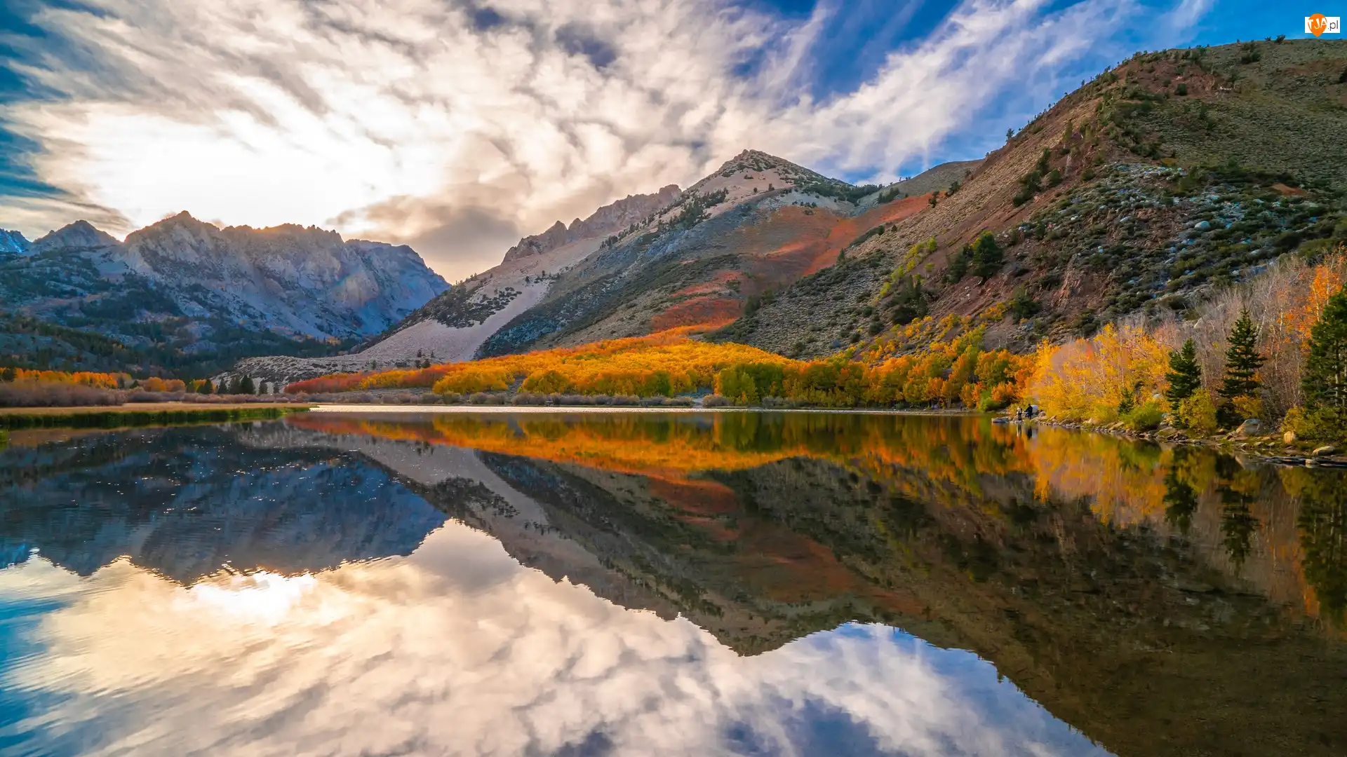 Jesień, Kalifornia, North Lake, Wschód słońca, Jezioro, Eastern Sierra, Góry, Stany Zjednoczone, Drzewa