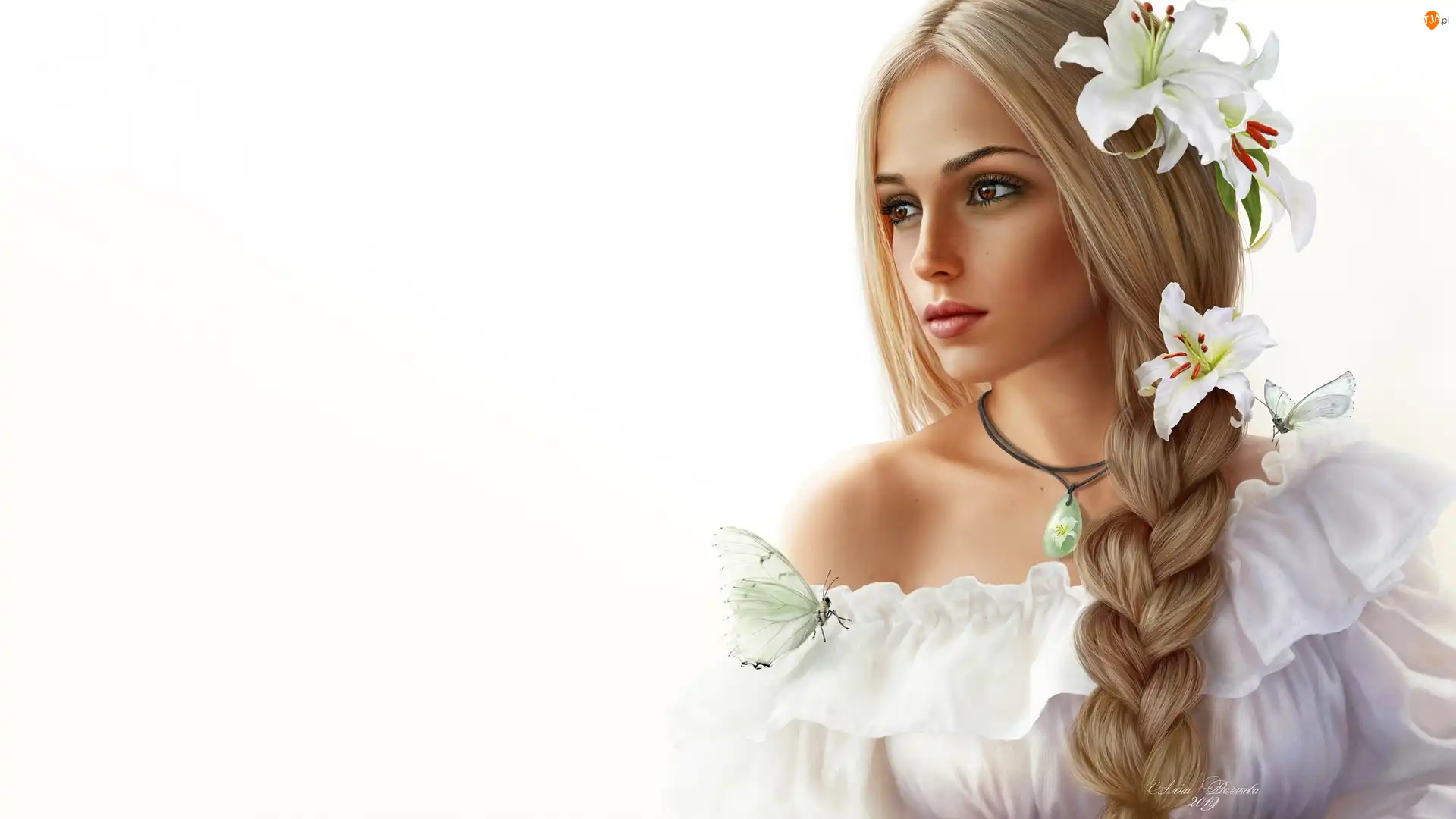 Dziewczyna, Bluzka, Białe, Wisiorek, Motyle, Tło, Warkocz, Białe, Blondynka, Biała, Lilie, Grafika, Zamyślona, Portret