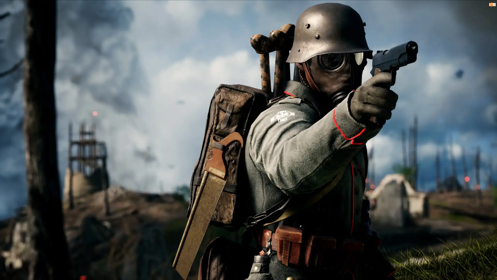 Pistolet, Gra, Mundur, Hełm, Battlefield 1, Plecak, Maska przeciwgazowa, Żołnierz