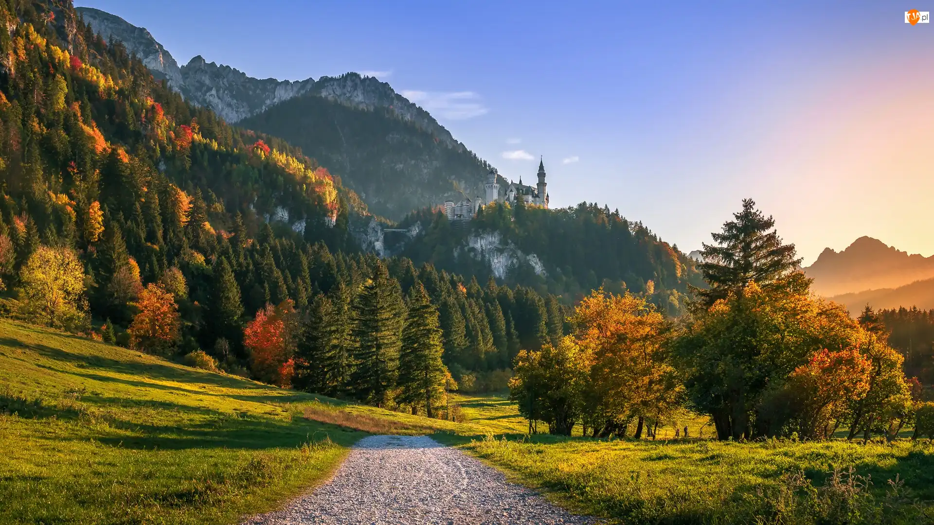 Wschód słońca, Skały, Wzgórza, Góry, Bawaria, Niemcy, Jesień, Zamek Neuschwanstein, Drzewa, Droga