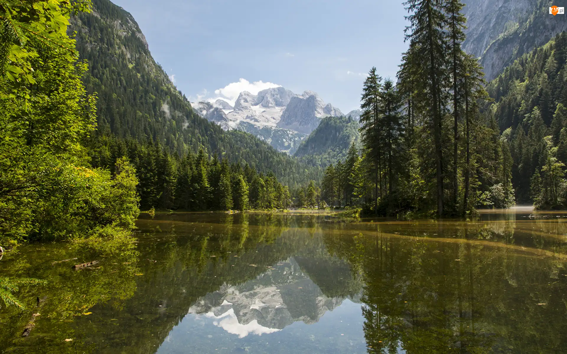 Niebo, Austria, Drzewa, Chmury, Góry Dachstein, Las, Mgła, Jezioro Gosauseen