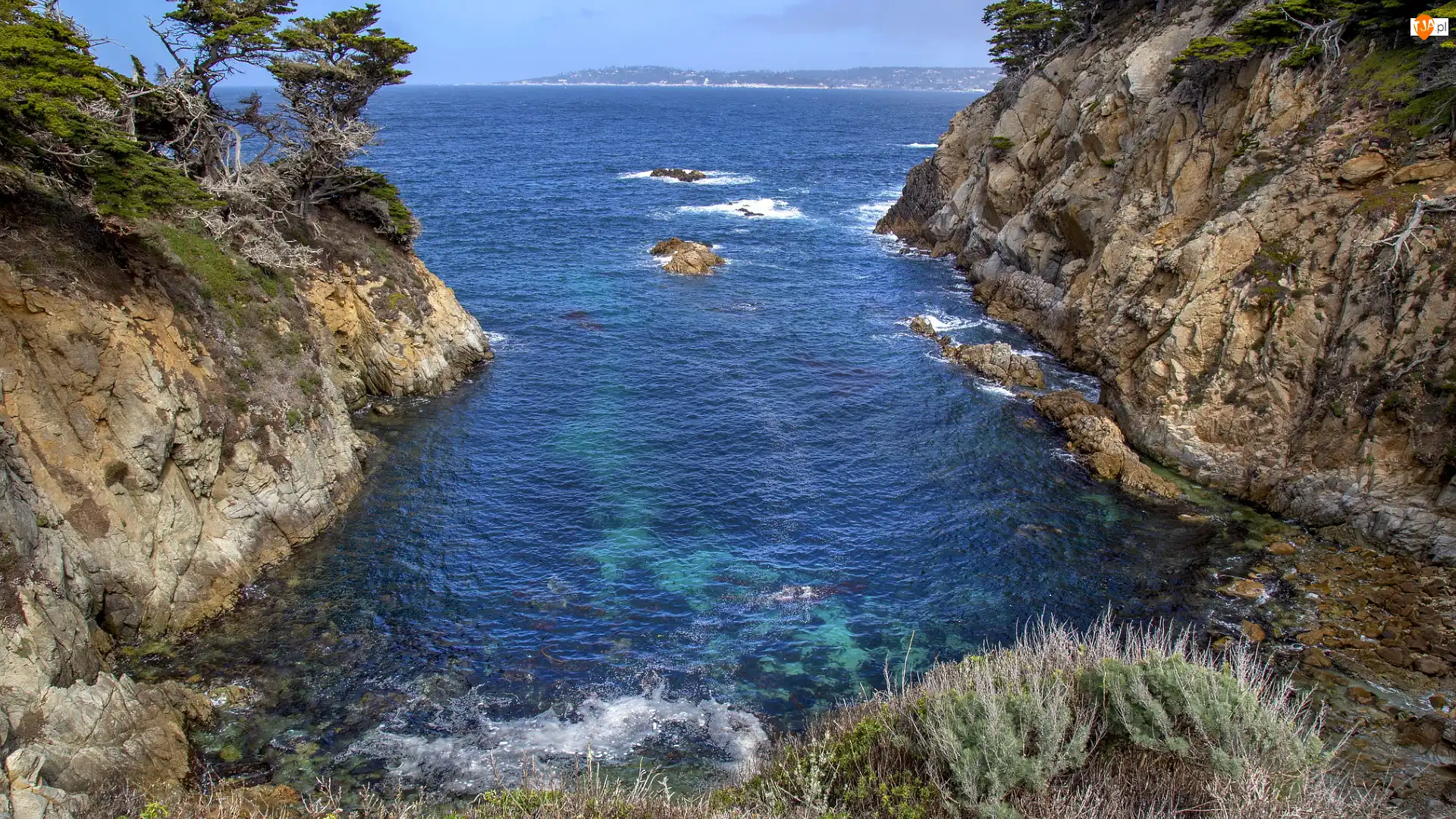 Carmel by the Sea, Morze, Drzewa, Kalifornia, Skały, Rezerwat Point Lobos, Stany Zjednoczone, Zatoka