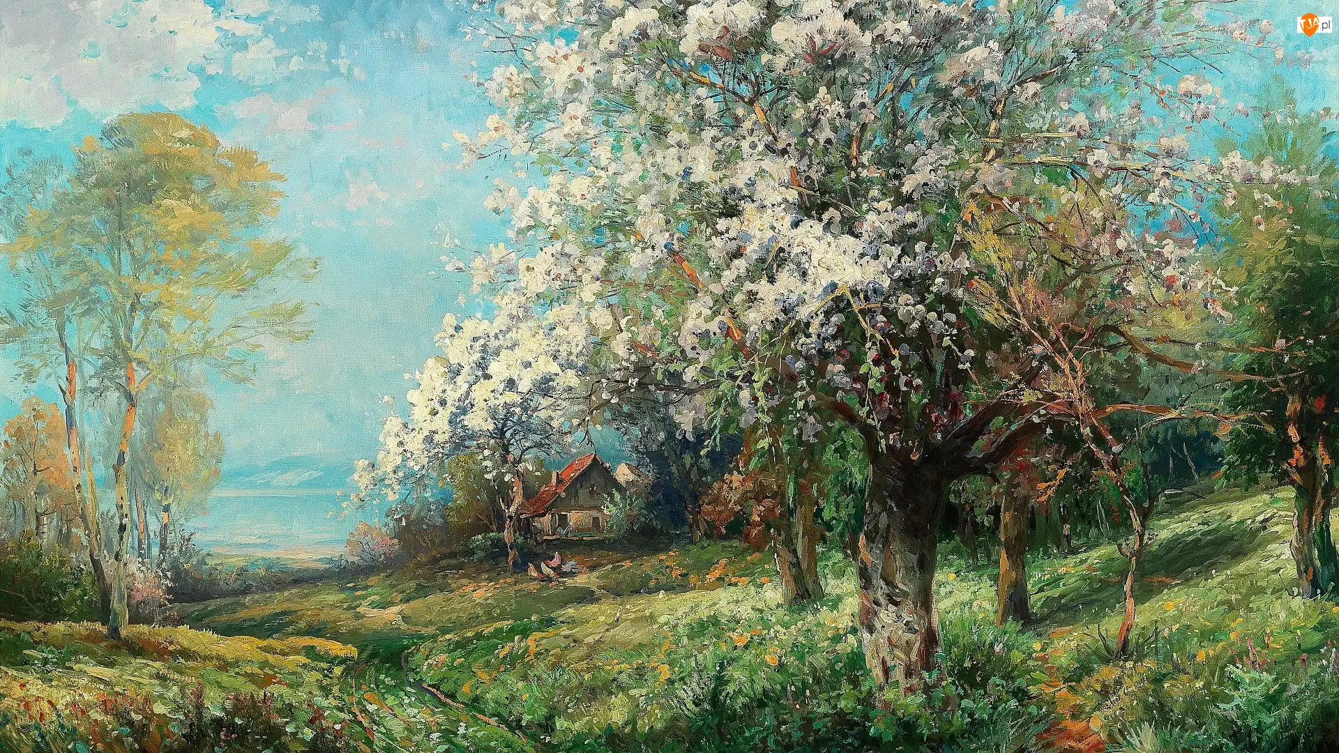 Drzewa, Obraz, Kwitnące, Domek, Kury, Adolf Kaufmann, Wieś, Malarstwo, Wiosna