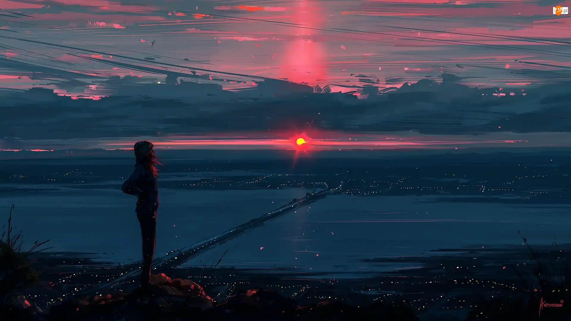 Most, Zachód słońca, Dziewczyna, Digital Art, Rzeka