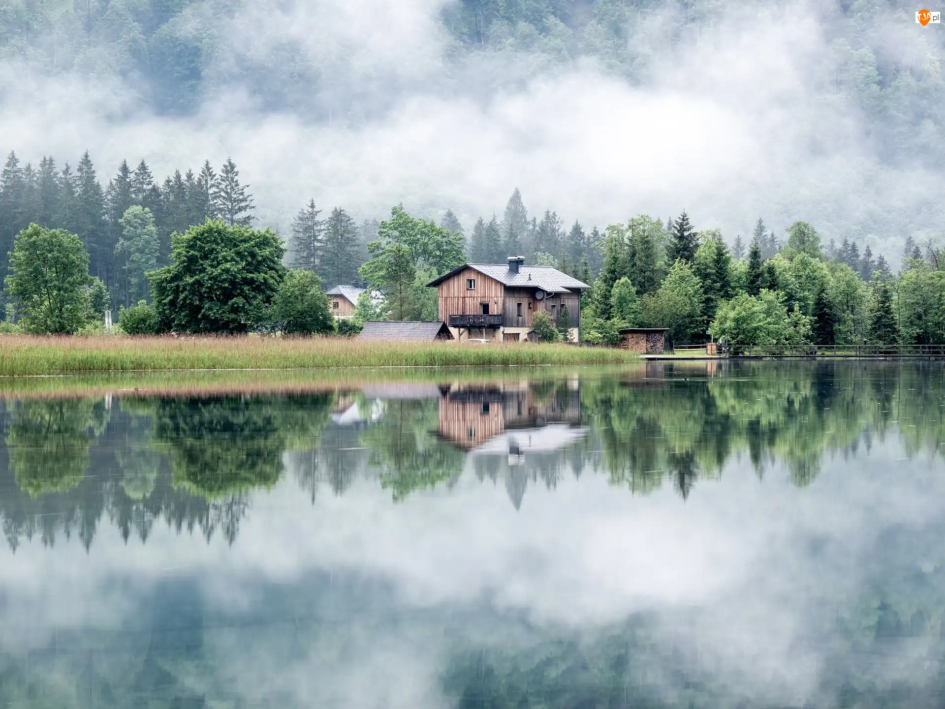 Jezioro Almsee, Domy, Góry, Grunau im Almtal, Las, Mgła, Austria, Drzewa