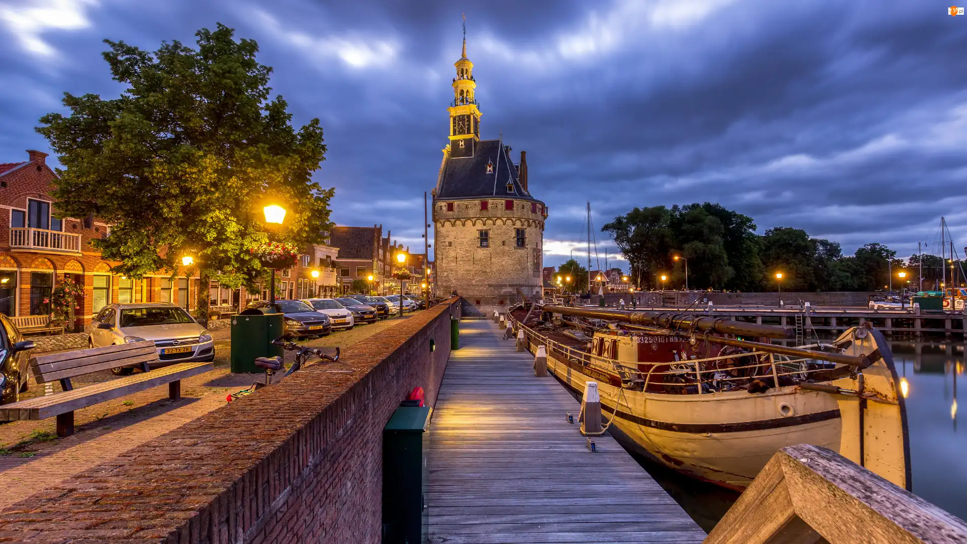 Nabrzeże, Holandia, Restauracja De Hoofdtoren, Łódki, Miasto Hoorn, Przystań, Pomost, Budowla