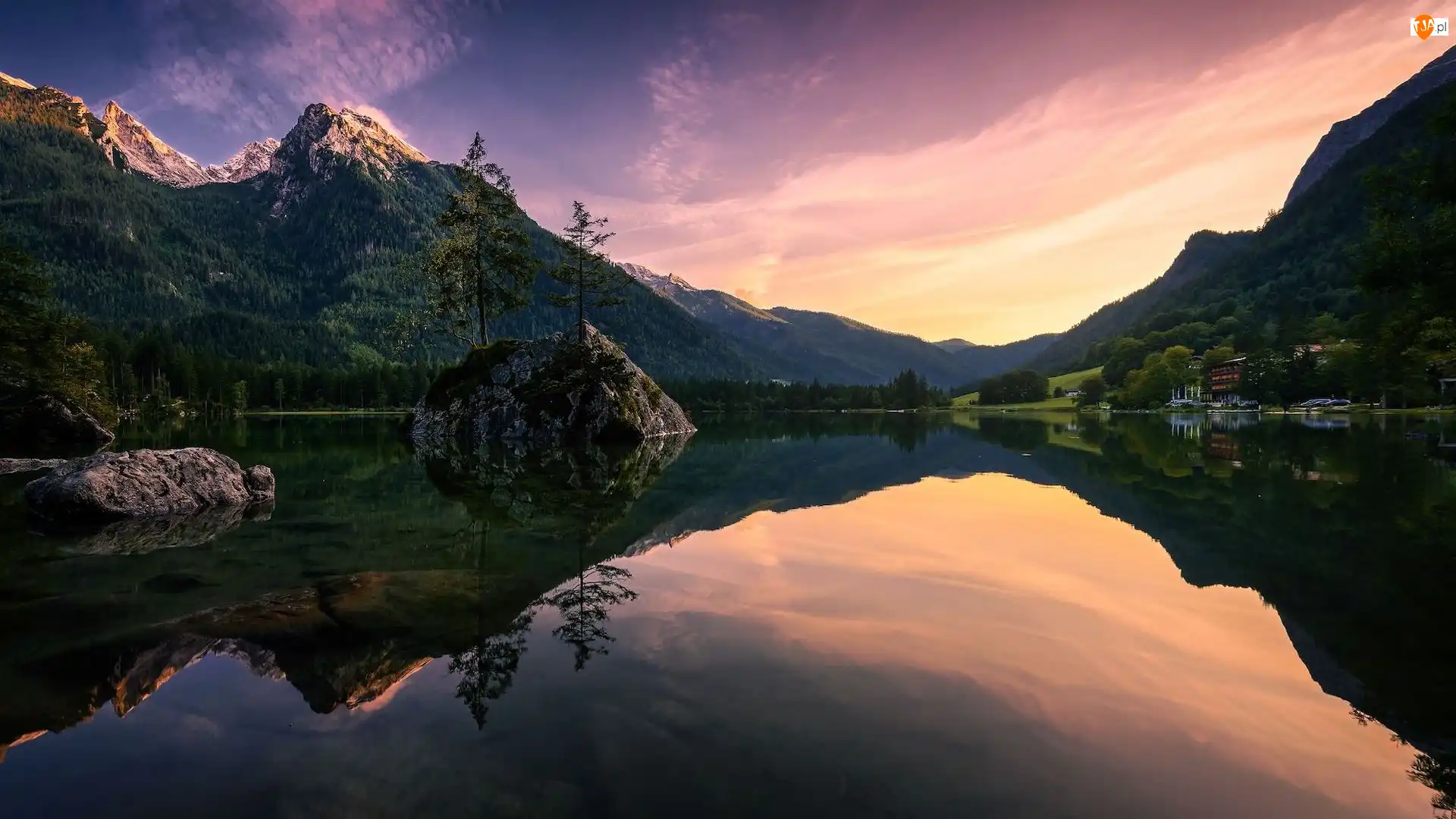 Drzewa, Niemcy, Góry, Odbicie, Bawaria, Skały, Zachód słońca, Jezioro Hintersee