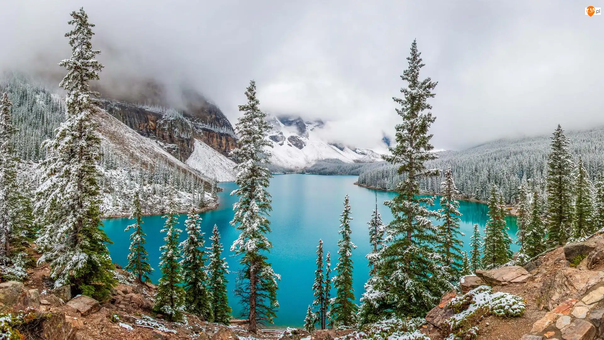 Kamienie, Park Narodowy Banff, Śnieg, Świerki, Alberta, Lasy, Jezioro, Moraine Lake, Zima, Drzewa, Kanada, Chmury, Góry