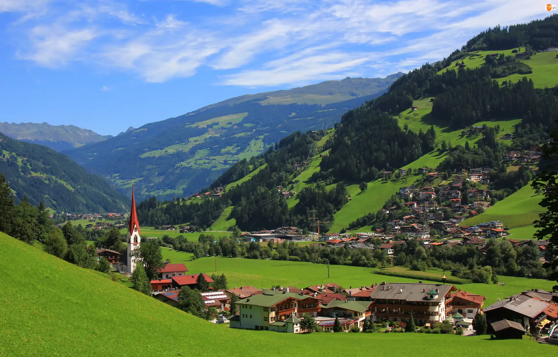 Tyrol, Austria, Drzewa, Domy, Mayrhofen, Kościół