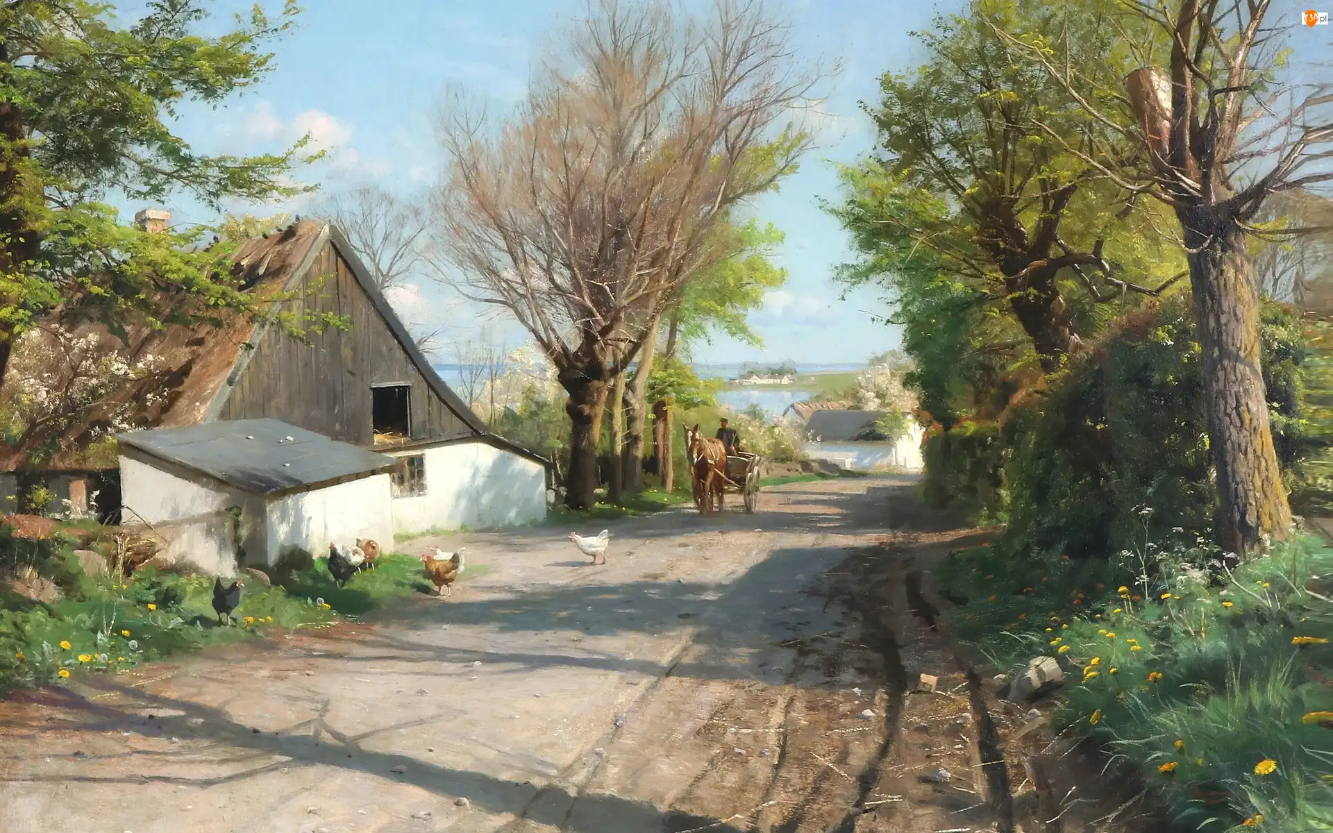 Domy, Peder Mork Monsted, Kury, Woźnica, Droga, Obraz, Wiosna, Drzewa, Pejzaż, Wieś, Droga, Koń