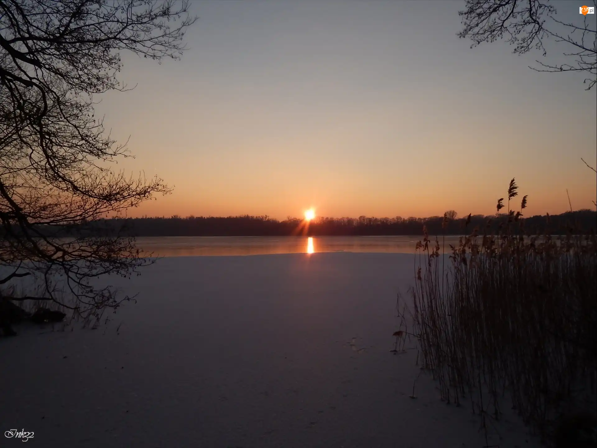 Jezioro, Trzciny, Słońca, Zachód, Lód
