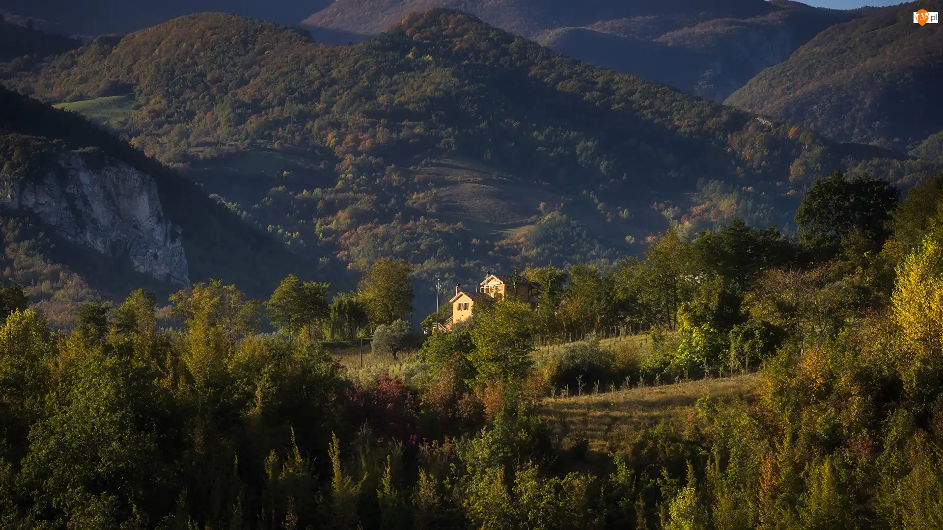 Roślinność, Region Abruzja, Budynki, Drzewa, Dolina, Włochy, Góry Alpy, Gmina Penne, Las
