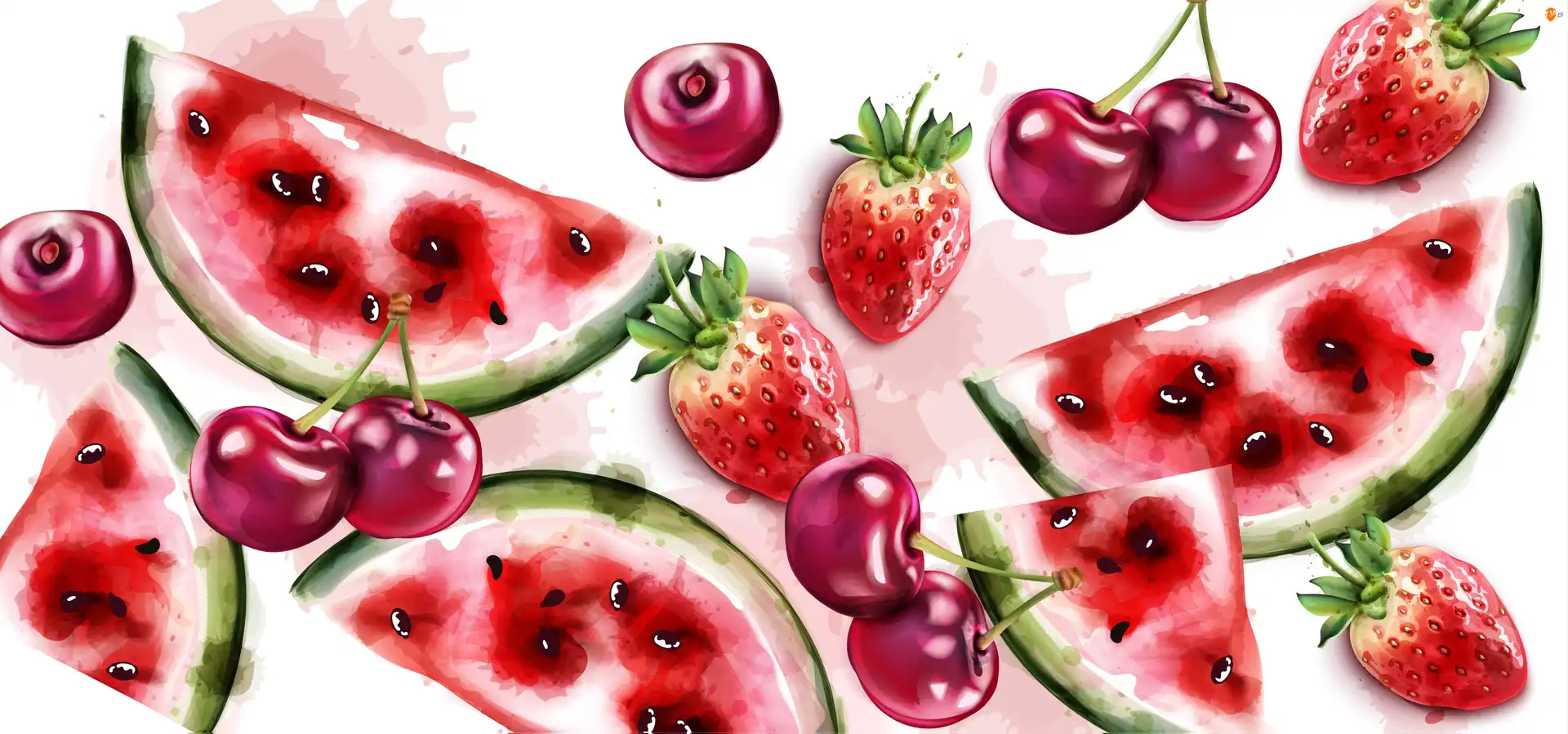 Arbuz, Kawałki, Grafika, Owoce, Wiśnie, Czereśnie, Truskawki