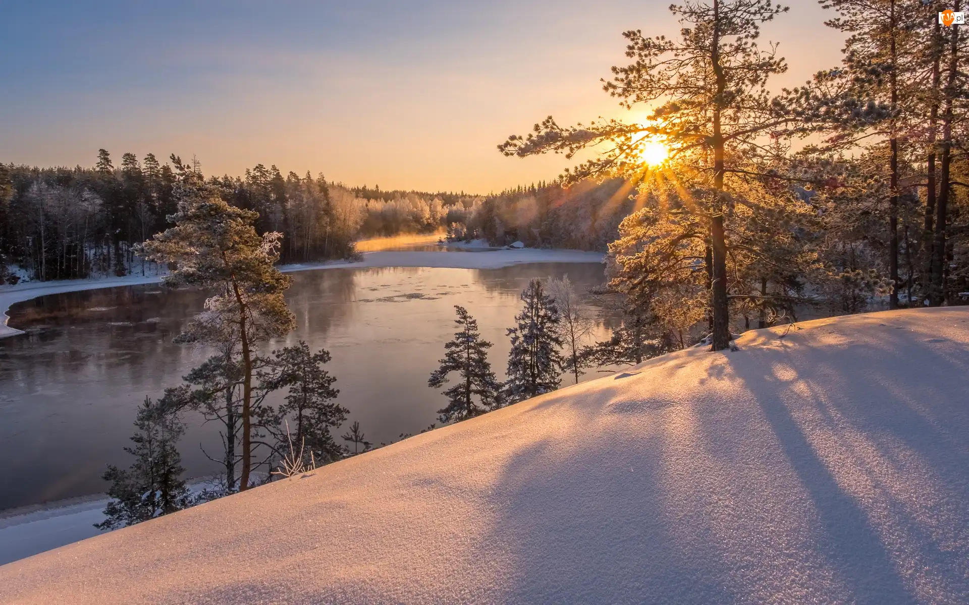 Rzeka Kymijoki, Zima, Drzewa, Finlandia, Las, Promienie słońca
