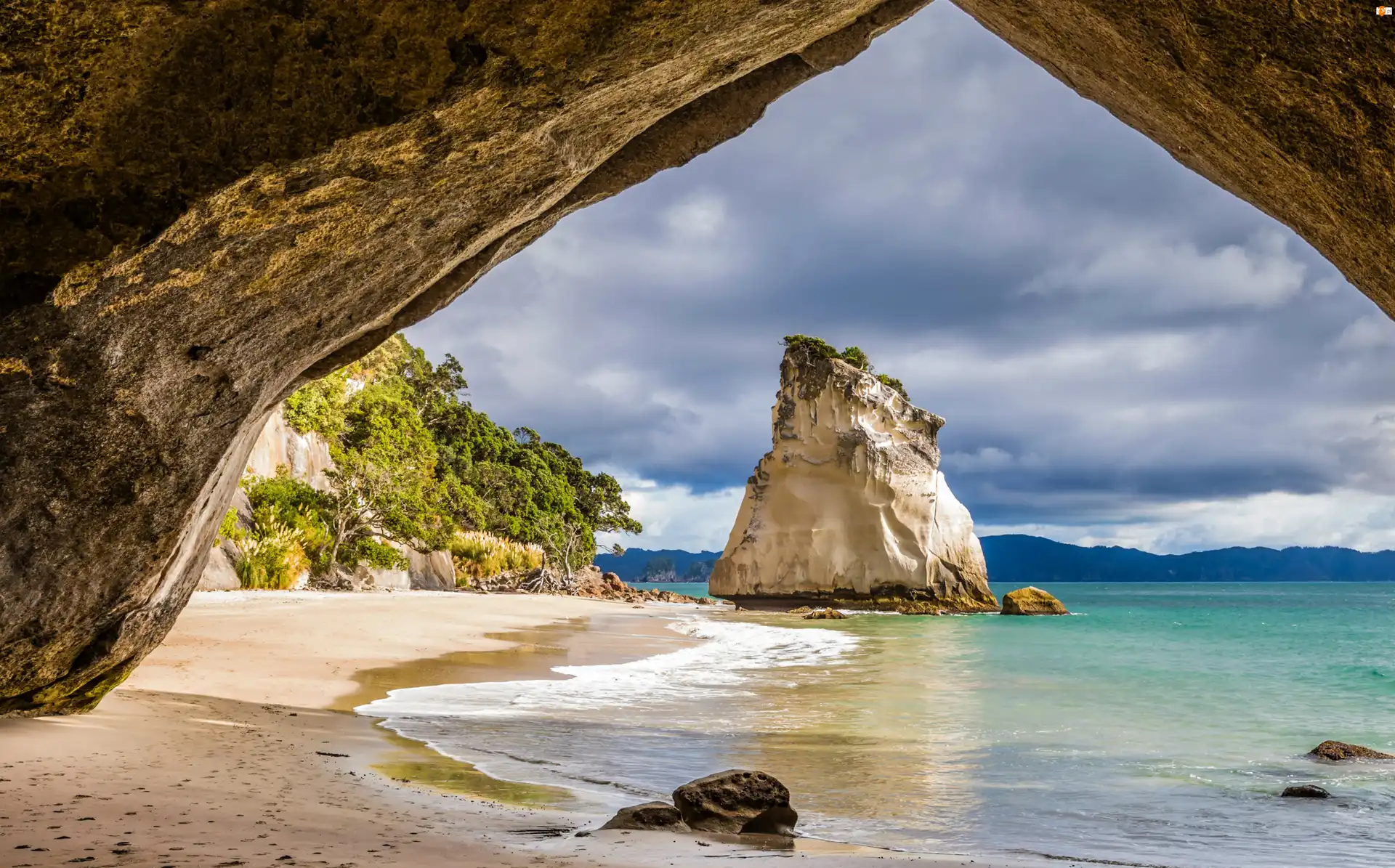 Skała, New Zealand, Morze, Plaża