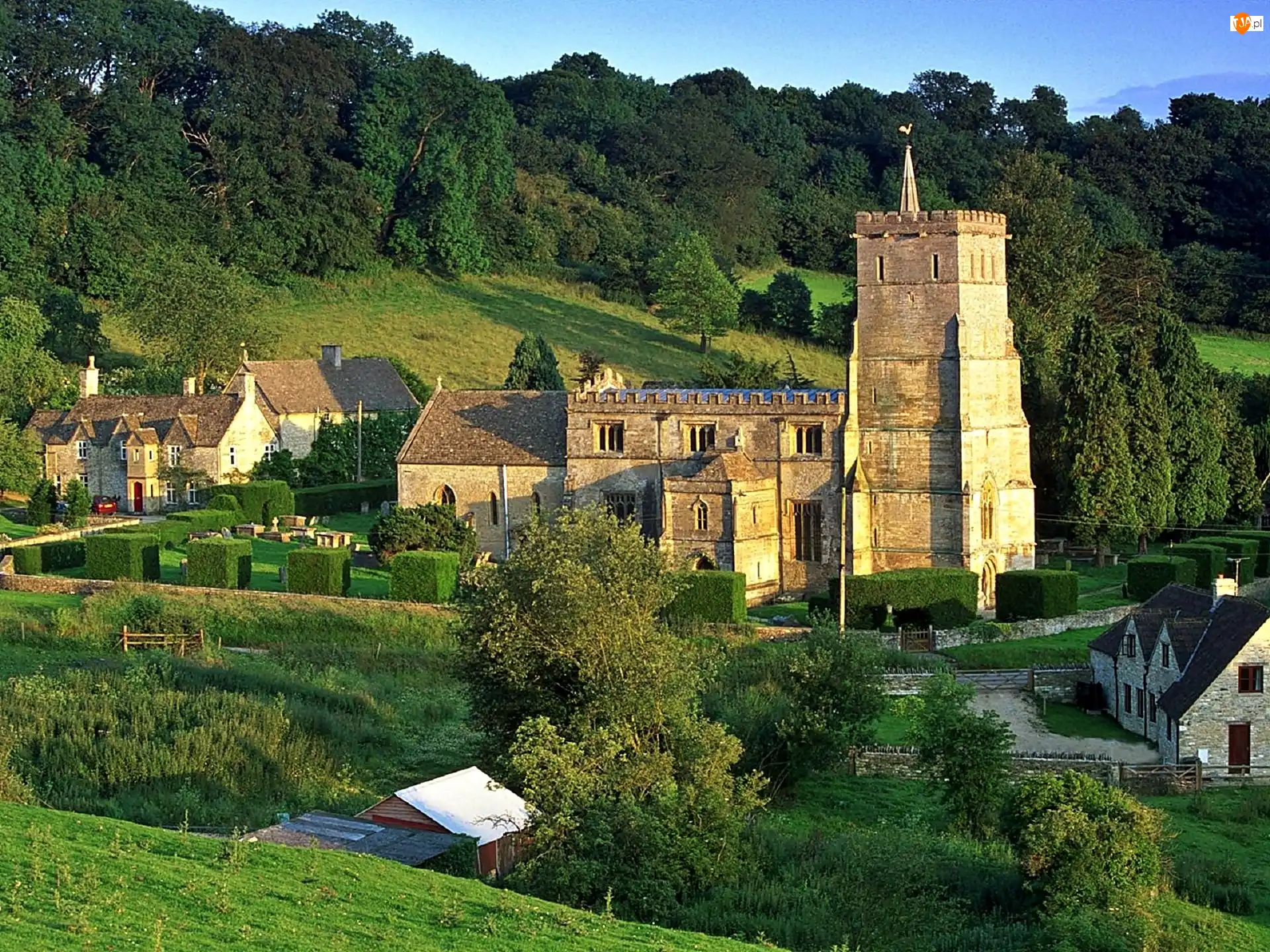 Cotswolds Hills, Lasy, Światło, Wzgórza, Przebijające, Domy, Kościół