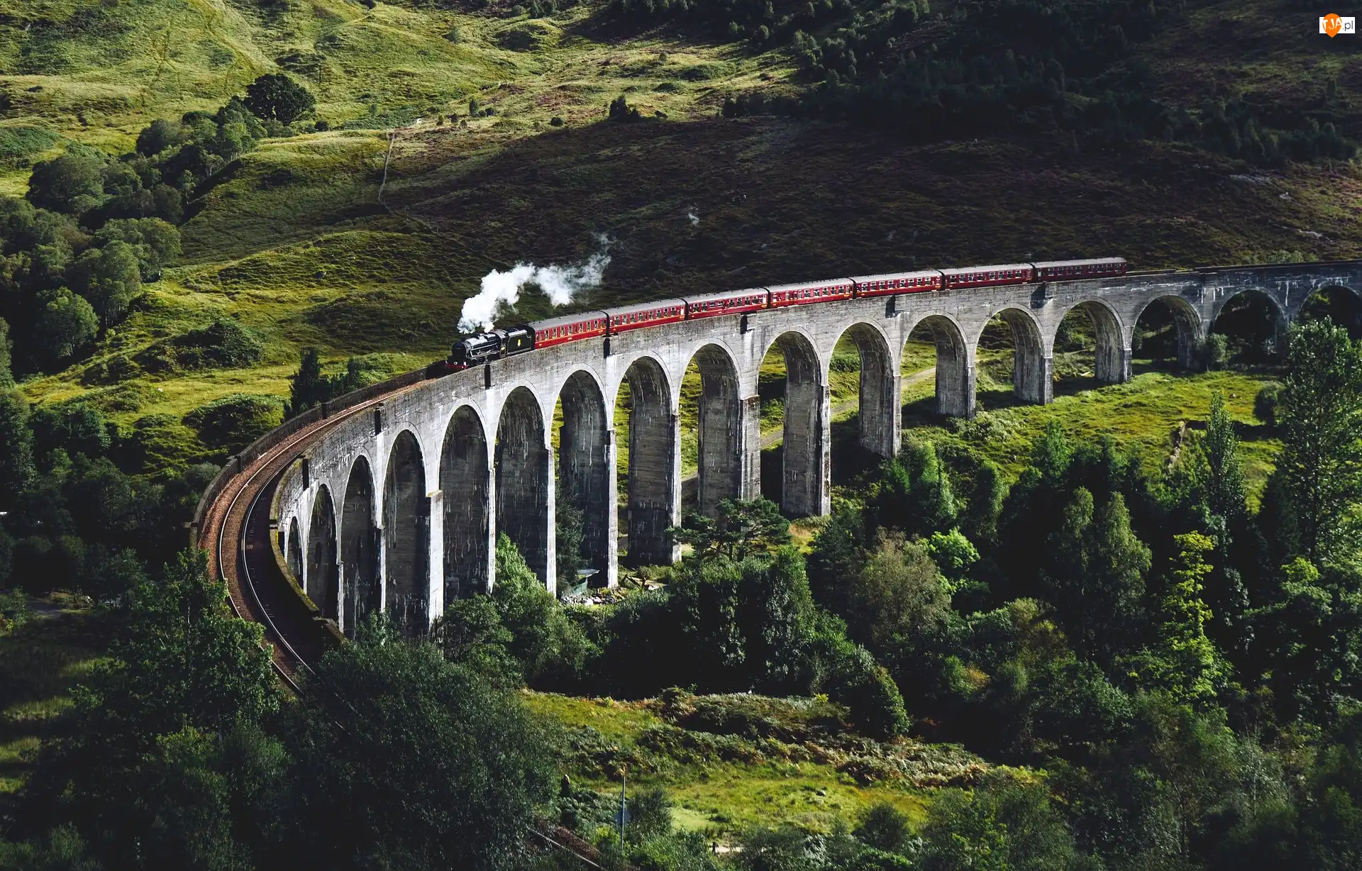 Glenfinnan, Szkocja, Wiadukt Glenfinnan, Roślinność, Dolina, Pociąg