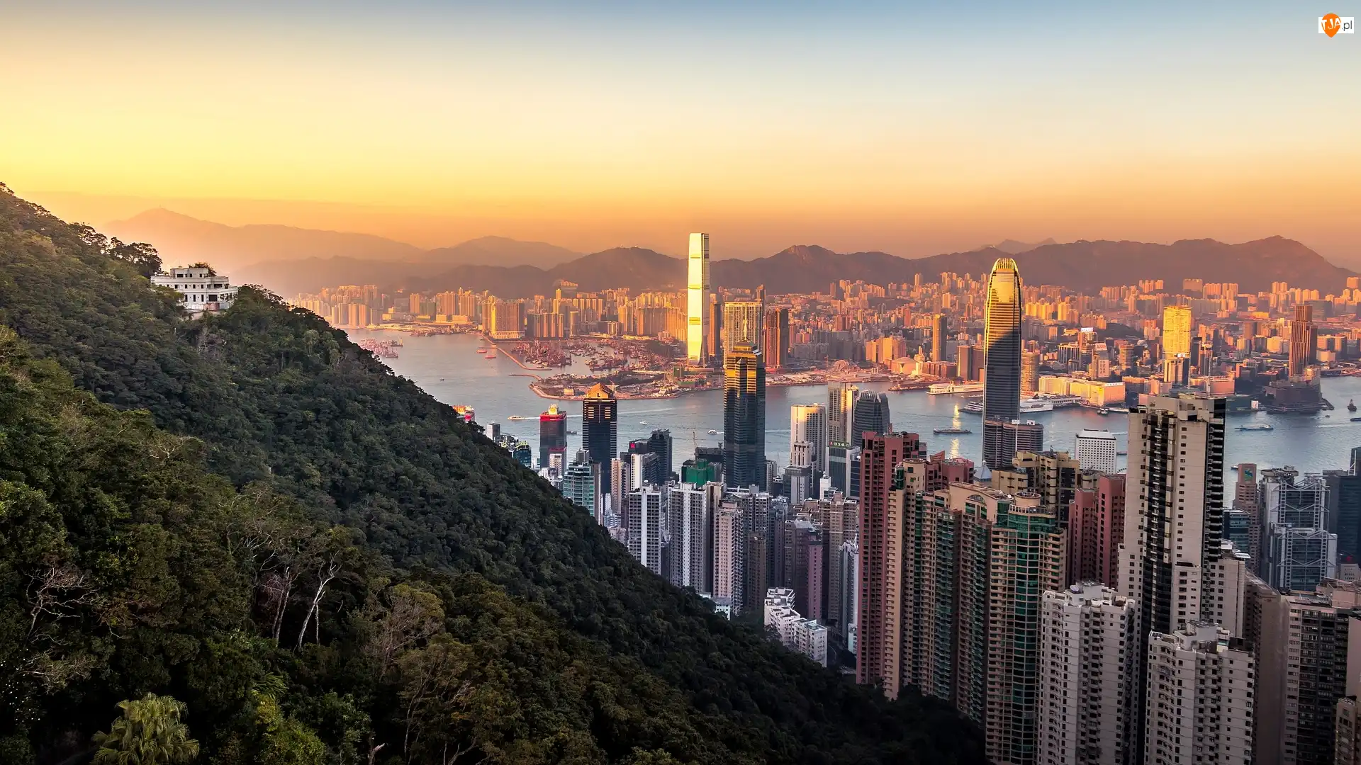 Delta Rzeki Perłowej, Chiny, Wieżowce, Hongkong, Zachód słońca