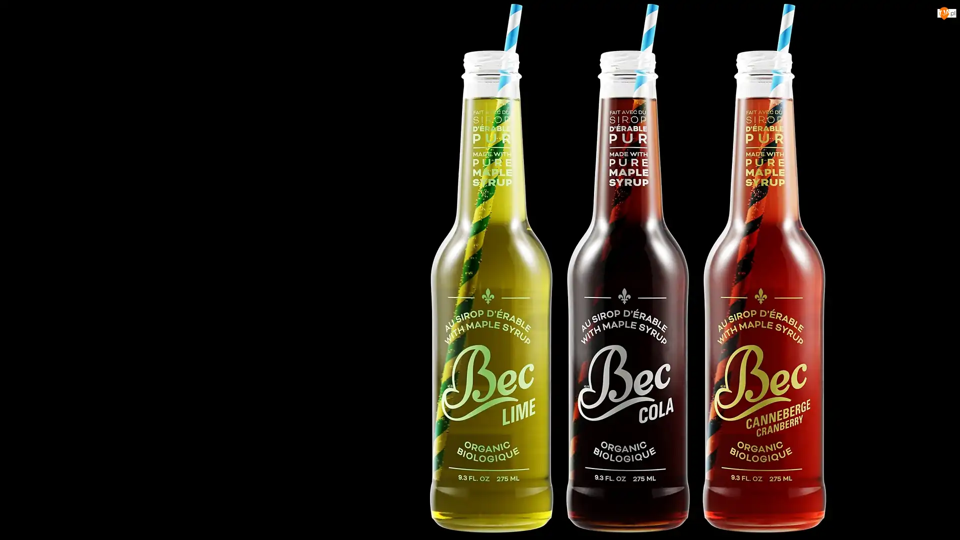 Napoje, Butelki, Bec Cola, Ciemne tło, Bec Lime, Bec Cranberry Słomki