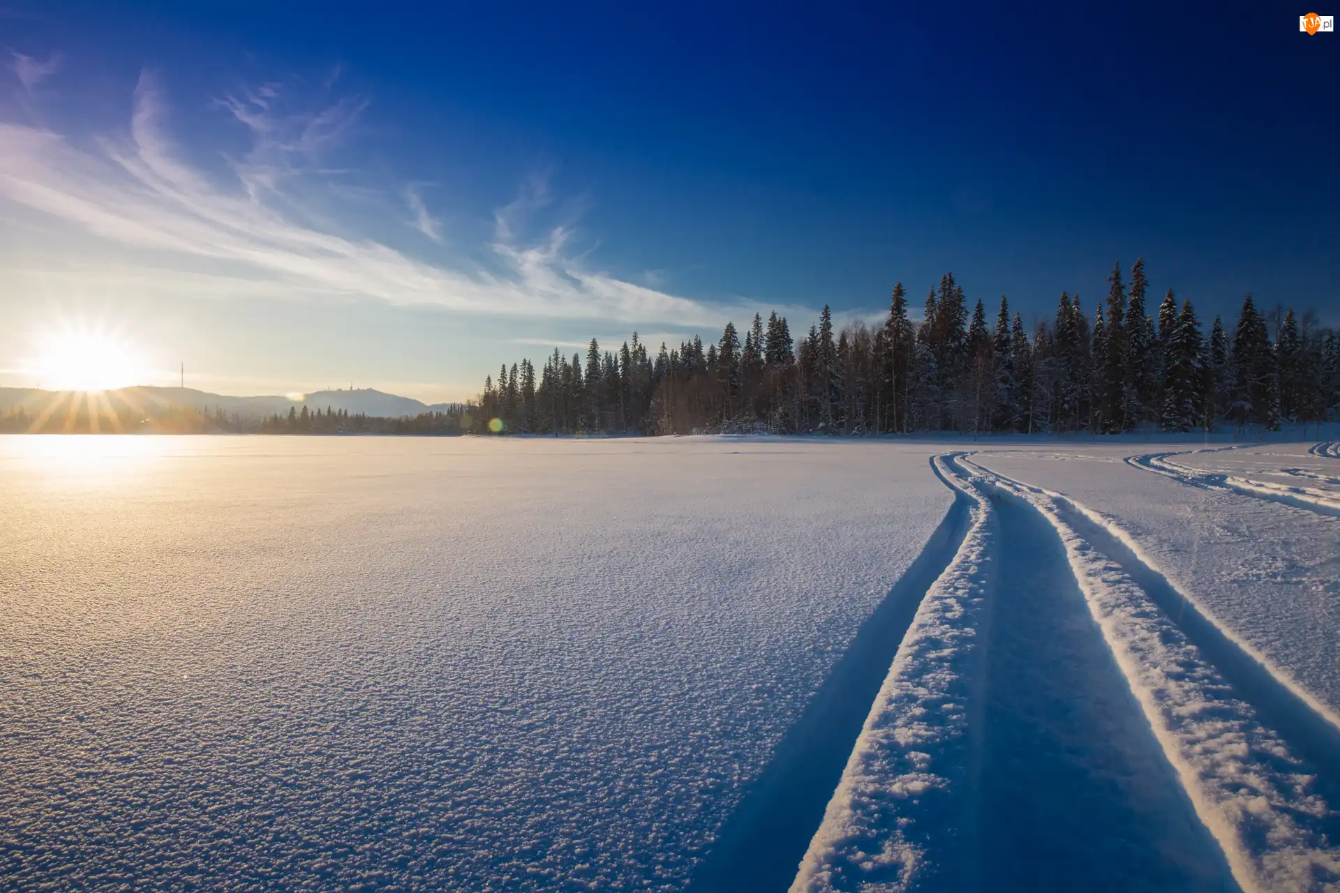Ruka, Finlandia, Pole, Las, Zima, Wschód słońca