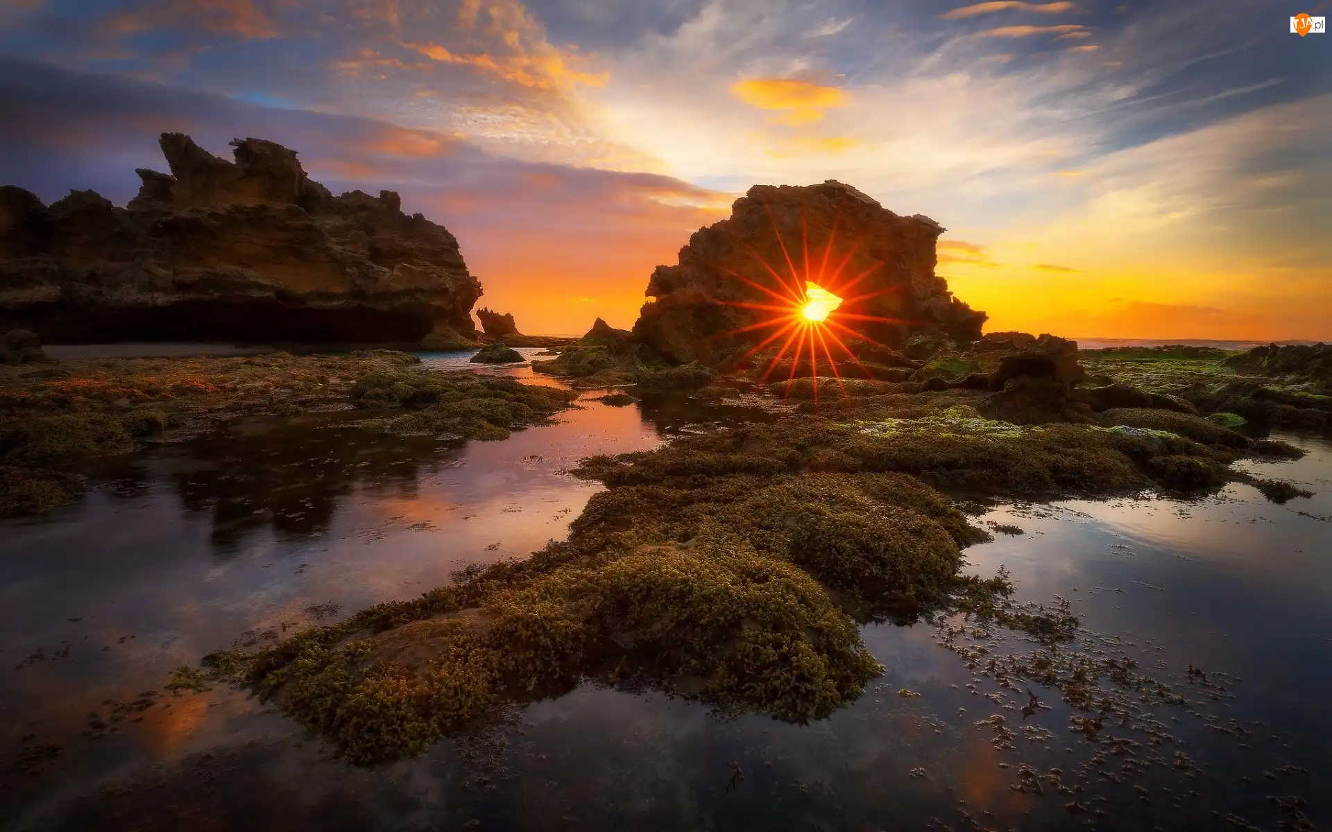 Zachód słońca, Australia, Plaża Bridgewater Bay, Skały, Półwysep Mornington, Zatoka, Roślinność, Park Narodowy Mornington Peninsula