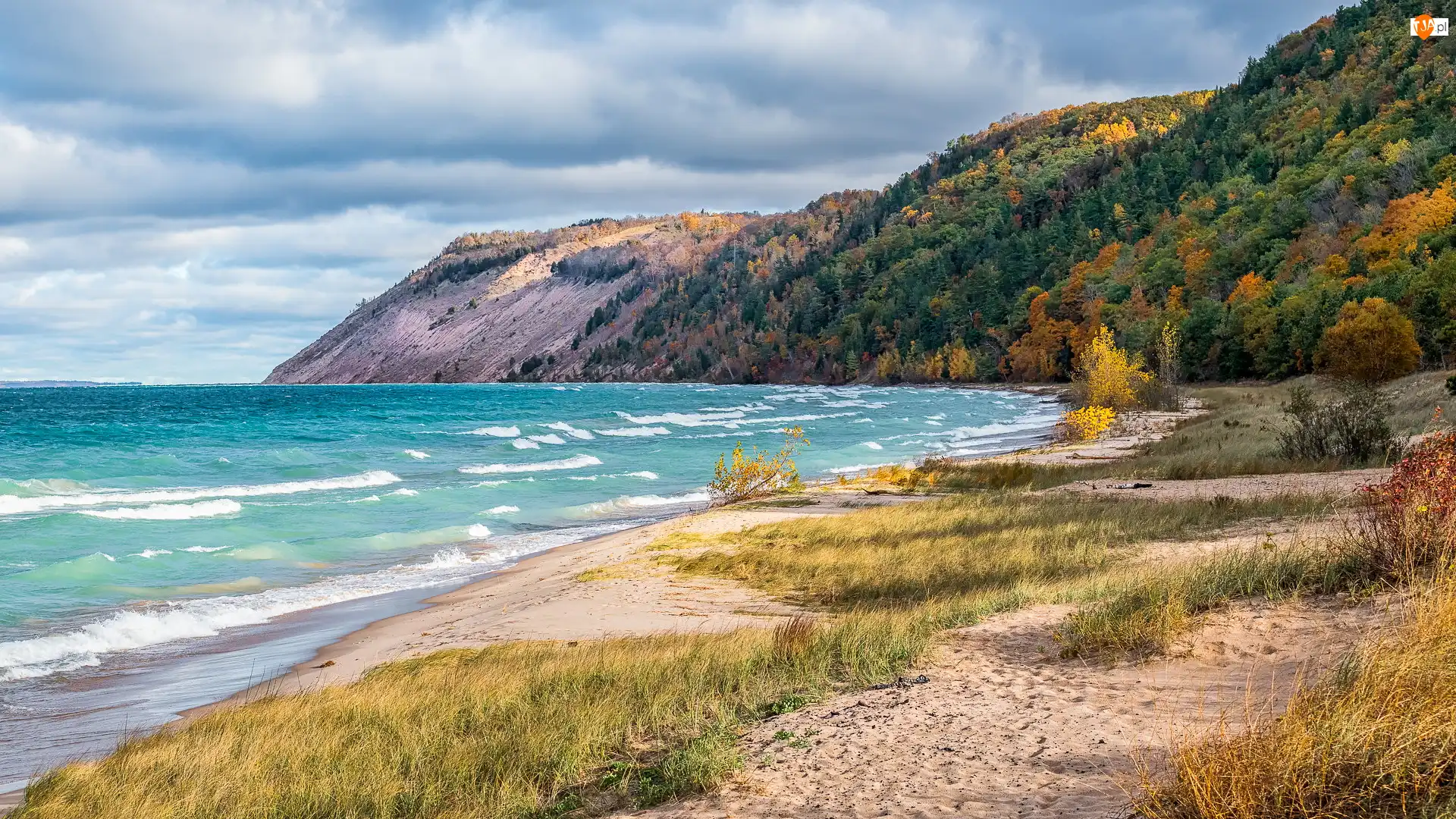 Lake Michigan, Plaża, Góry, Stan Michigan, Esch Beach, Jezioro, Stany Zjednoczone, Trawy