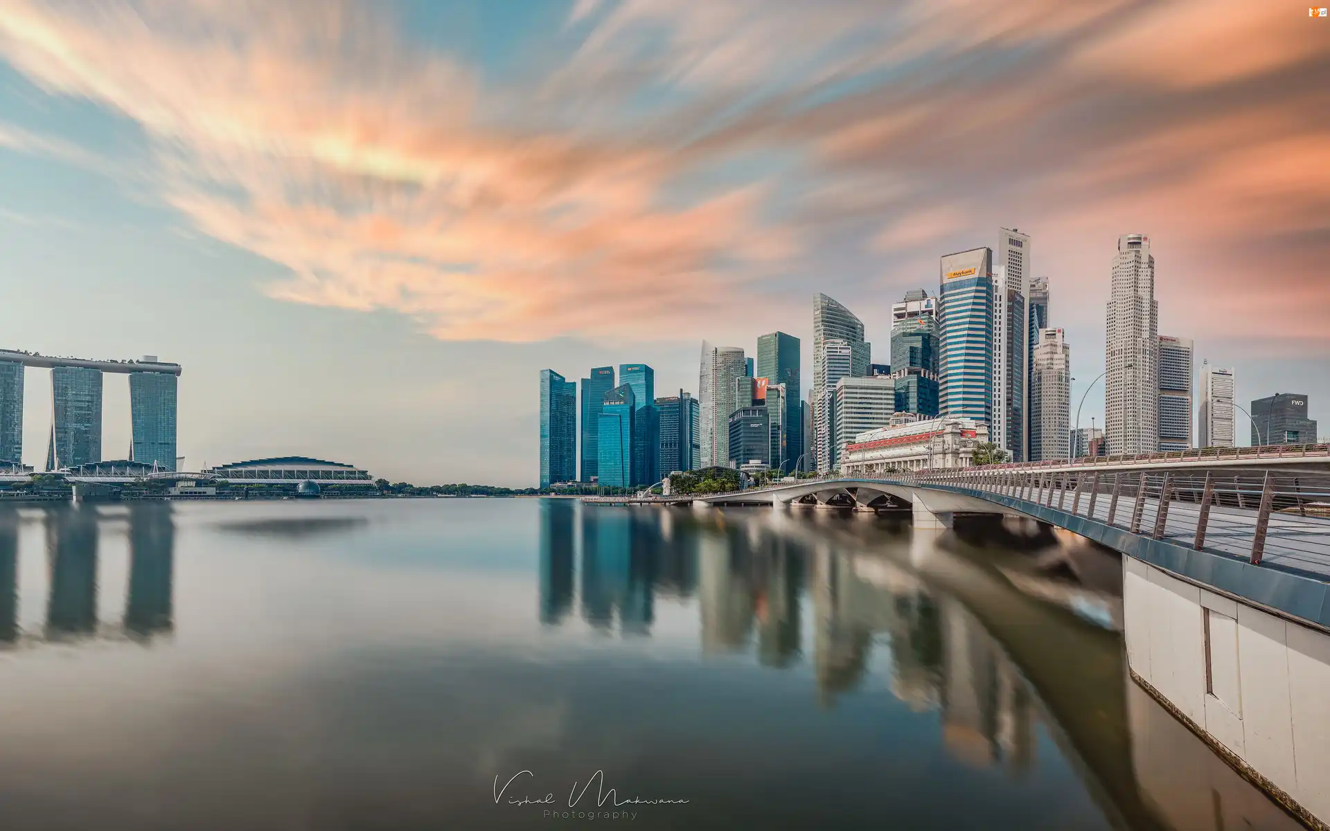 Zatoka Marina Bay, Singapur, Drapacze chmur, Most, Miasto
