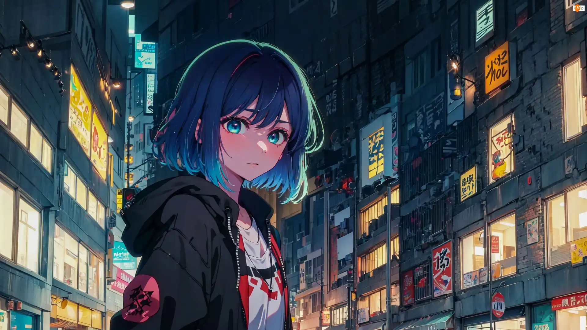 Noc, Anime, Miasto, Dziewczyna, Domy