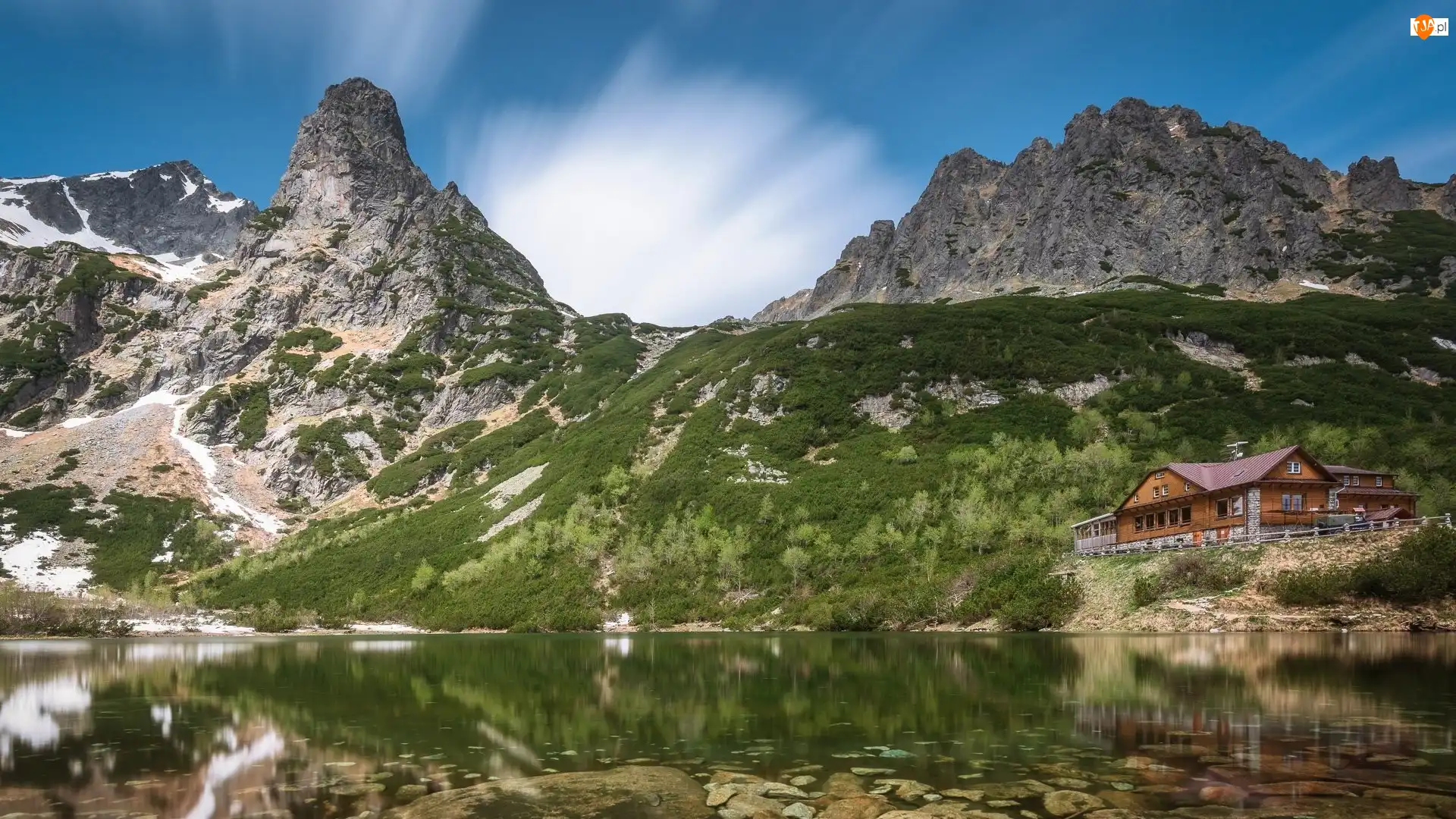 Tatry, Jezioro, Słowacja, Góry, Odbicie, Dom, Zielony Staw Kieżmarski