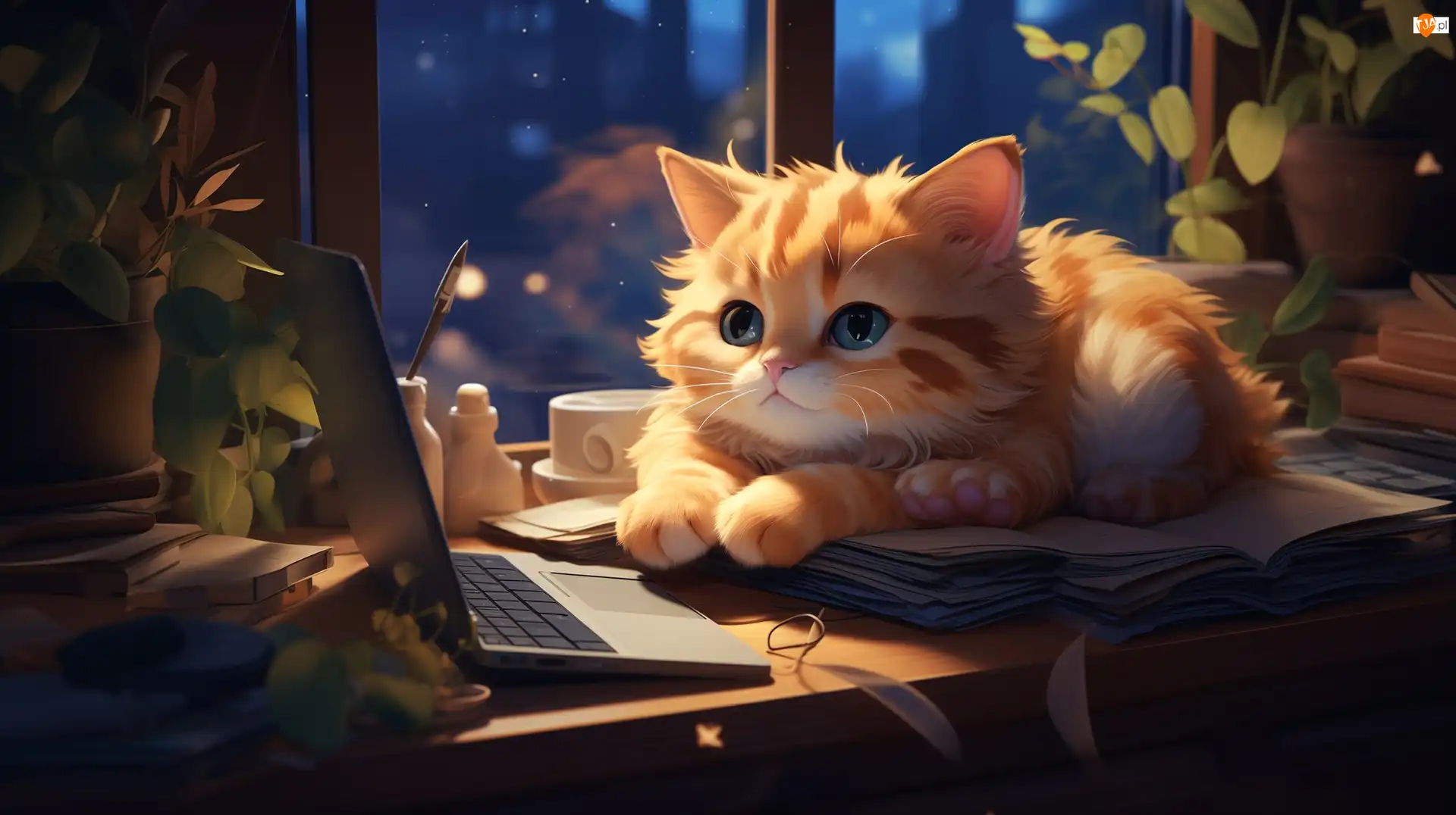 Kotek, Mały, Okno, Grafika, Biurko, Laptop