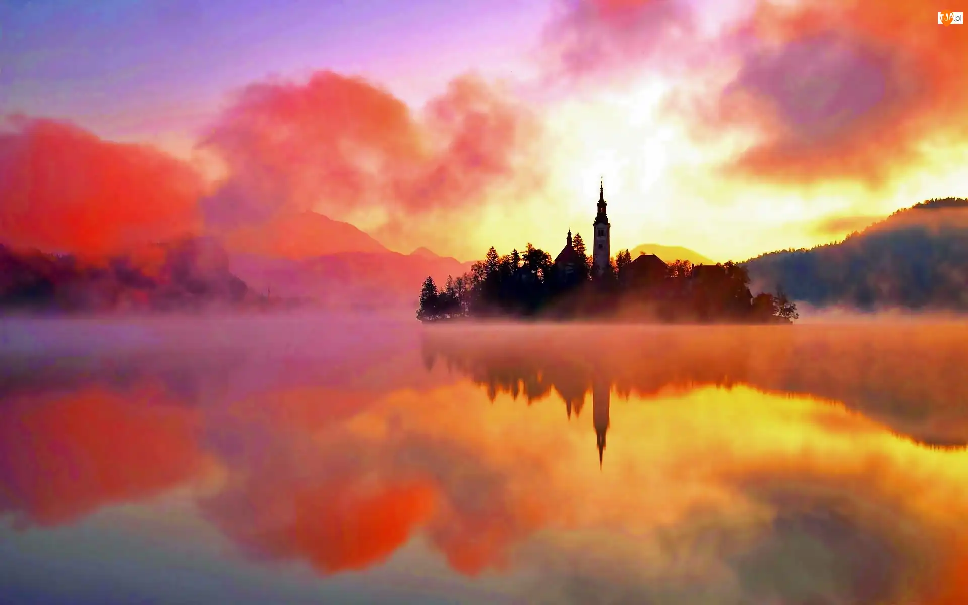 Słońca, Jezioro, Kościół, Chmury, Bled, Zachód, Mgła, Wyspa